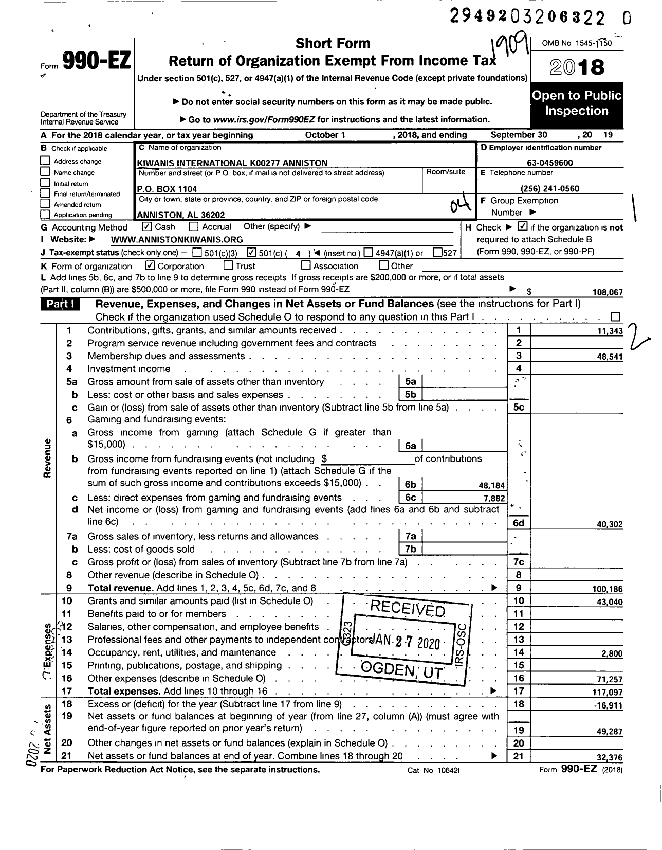 Image of first page of 2018 Form 990EO for Kiwanis International - K00277 Anniston