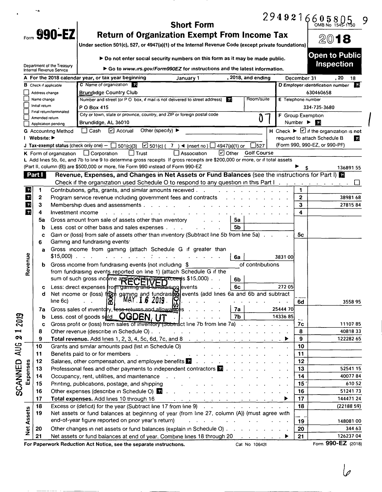 Image of first page of 2018 Form 990EO for Brundidge Country Club