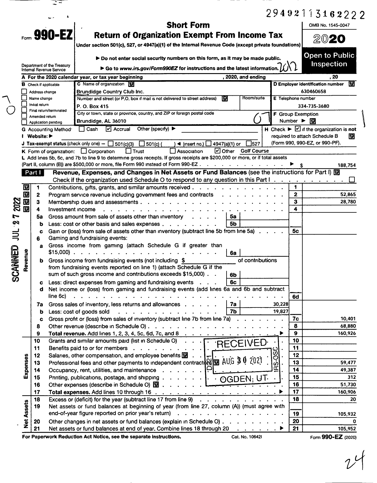 Image of first page of 2020 Form 990EO for Brundidge Country Club