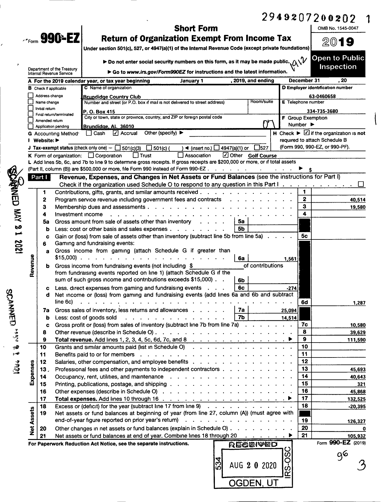 Image of first page of 2019 Form 990EO for Brundidge Country Club