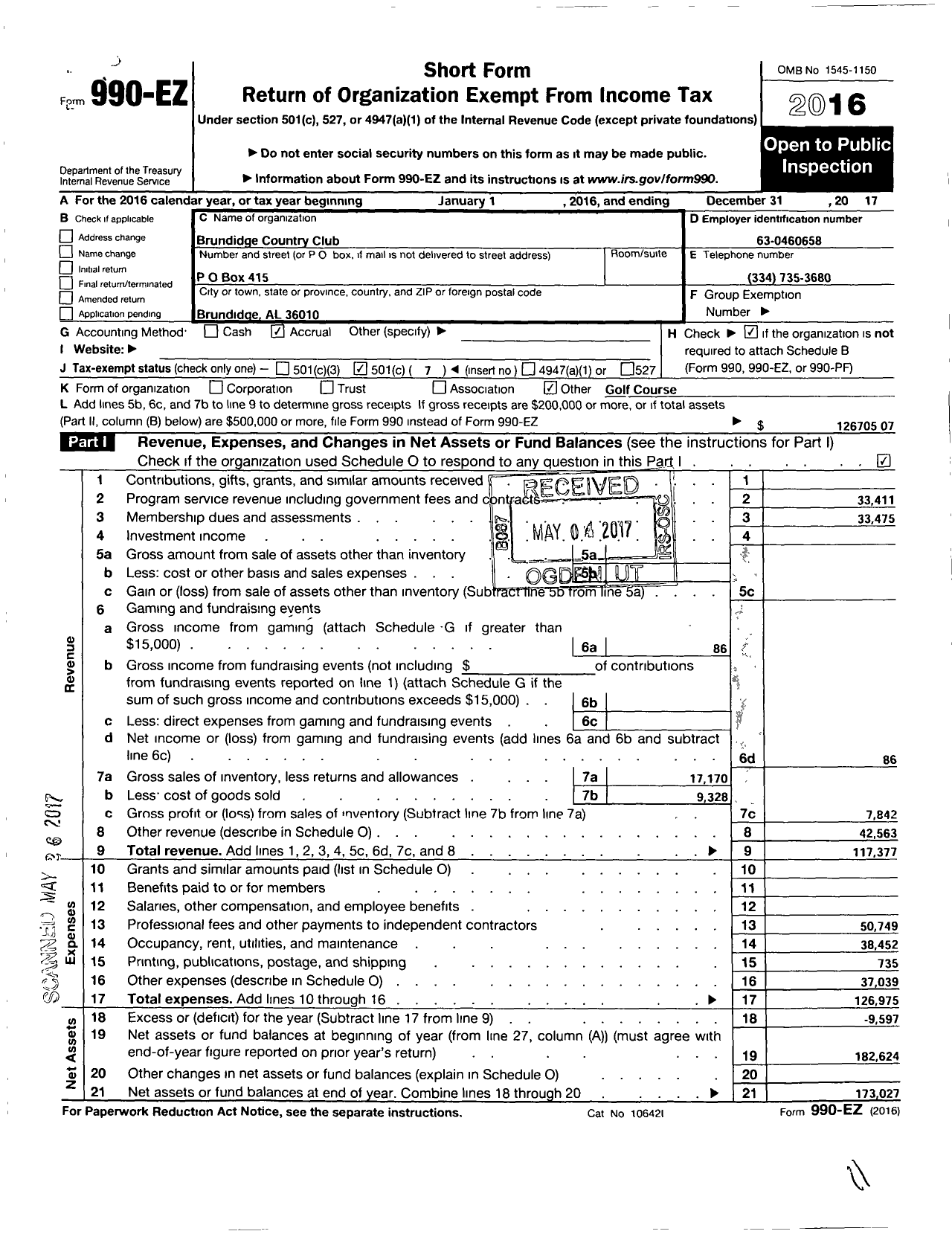 Image of first page of 2017 Form 990EO for Brundidge Country Club