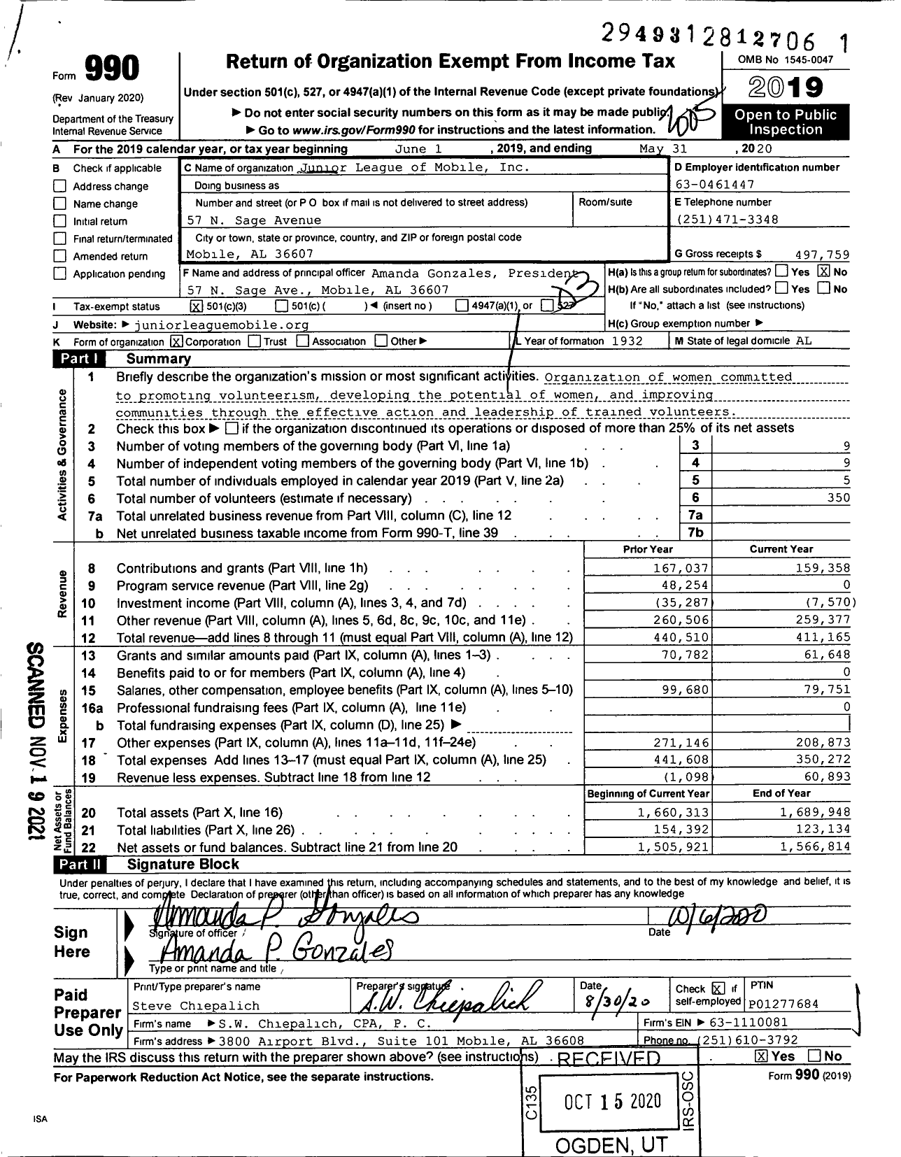 Image of first page of 2019 Form 990 for The Junior League of Mobile