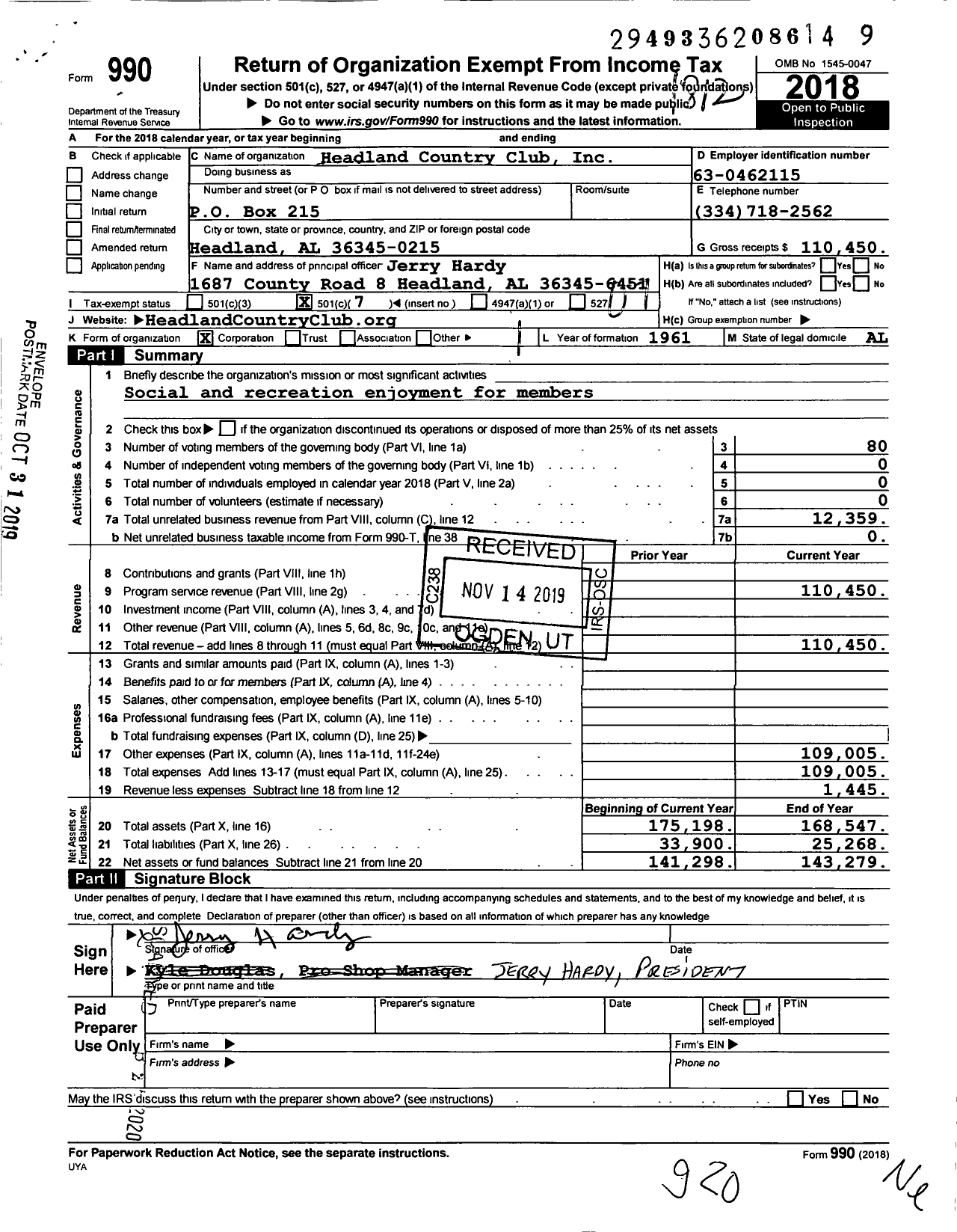 Image of first page of 2018 Form 990O for Headland Country Club