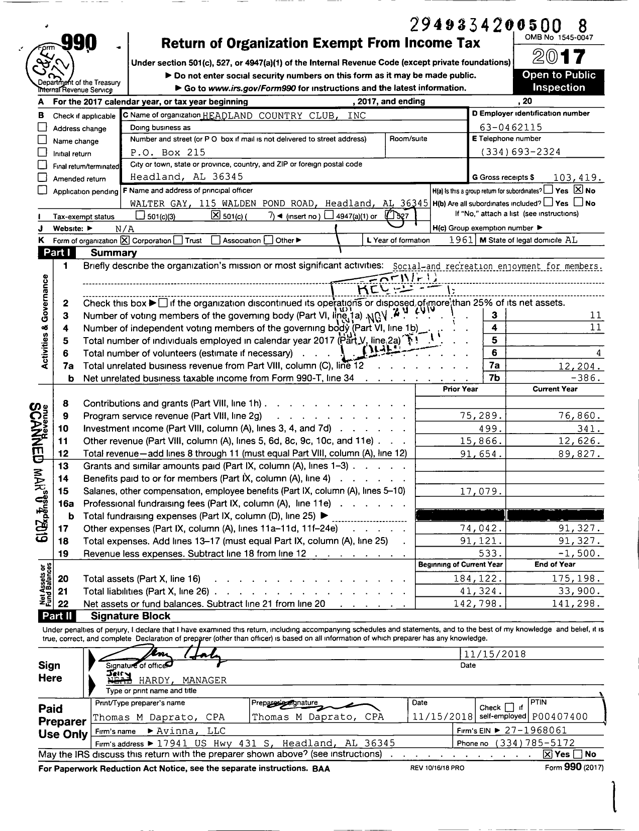 Image of first page of 2017 Form 990O for Headland Country Club