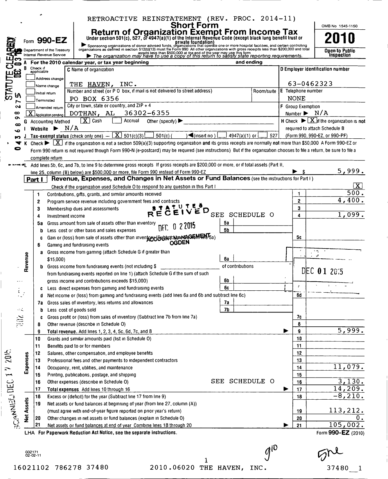 Image of first page of 2010 Form 990EZ for The Haven
