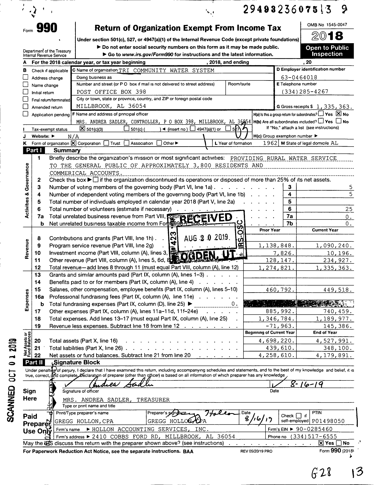 Image of first page of 2018 Form 990 for Tri Community Water System