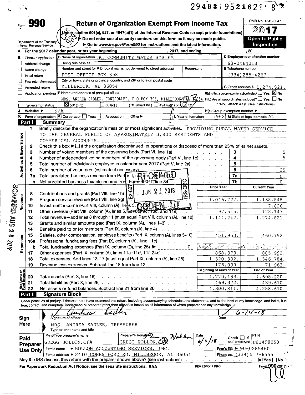 Image of first page of 2017 Form 990 for Tri Community Water System