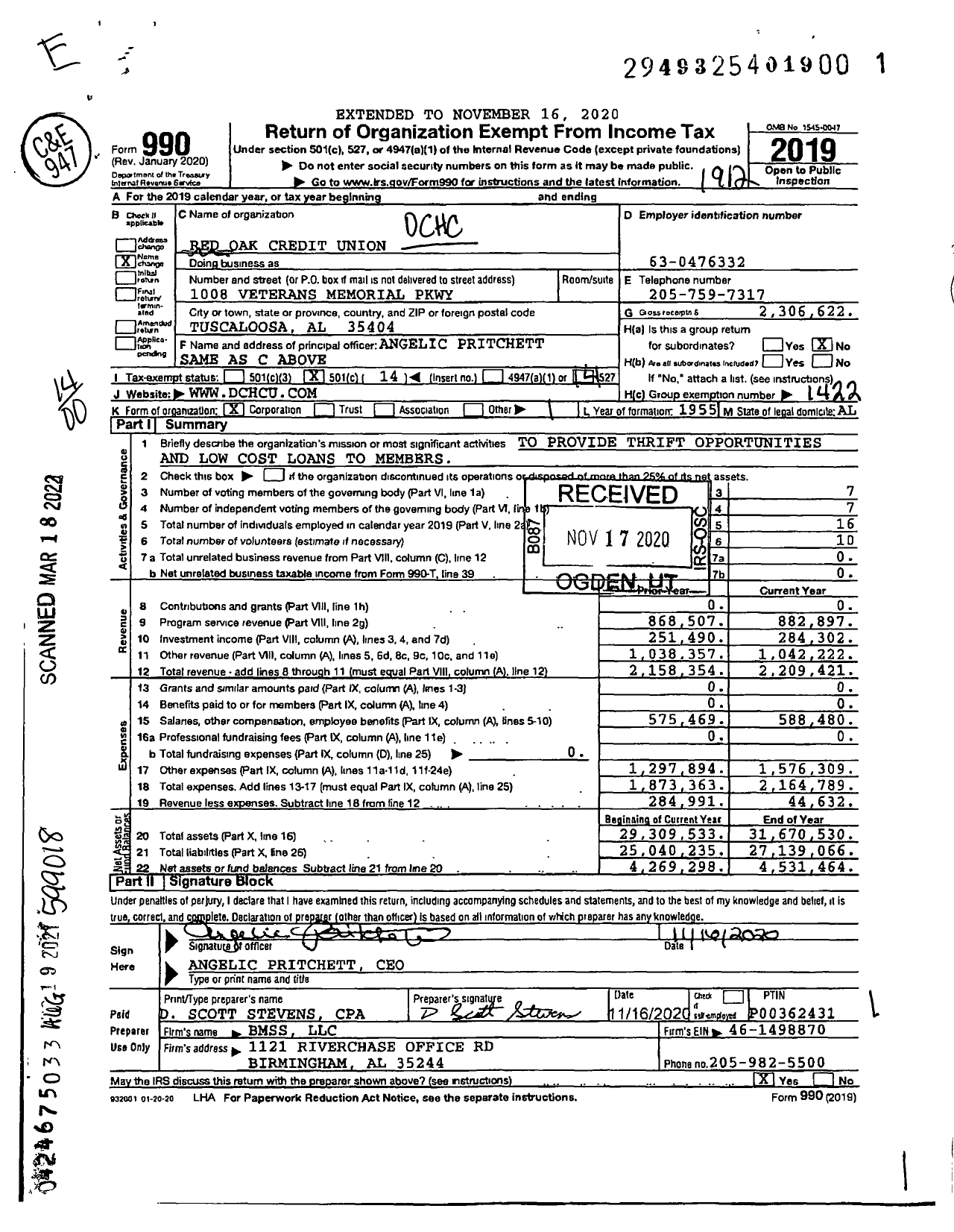 Image of first page of 2019 Form 990O for Red Oak Credit Union