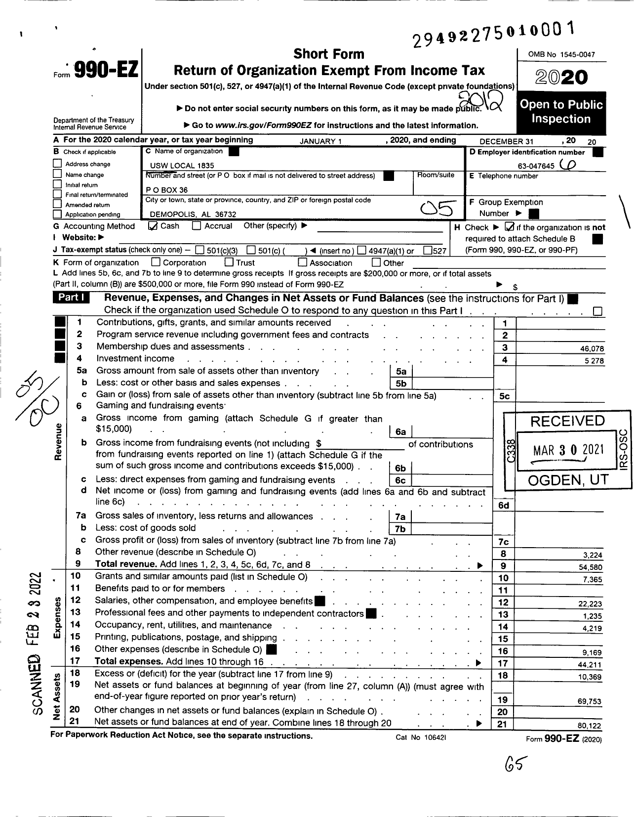 Image of first page of 2020 Form 990EO for United Steelworkers - 1835 LOCAL