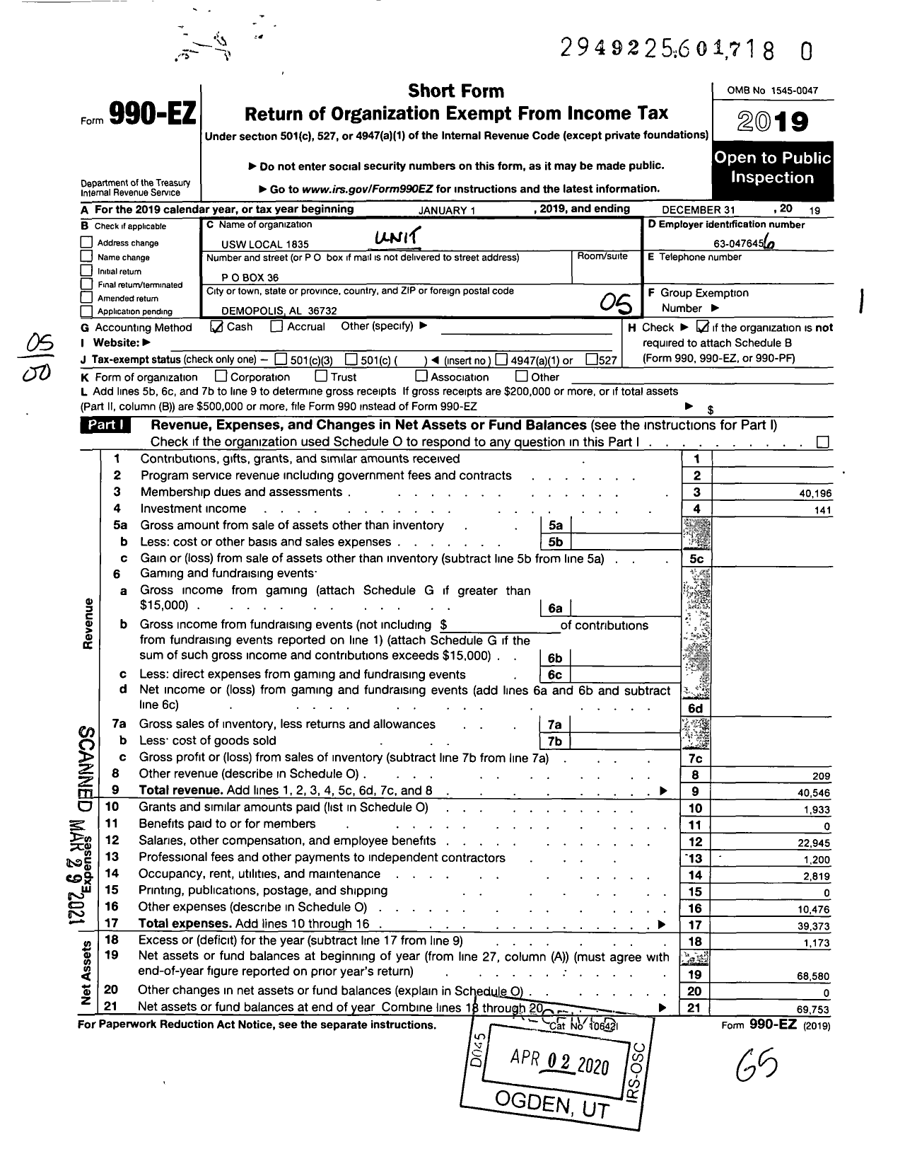 Image of first page of 2019 Form 990EO for United Steelworkers - 1835 LOCAL