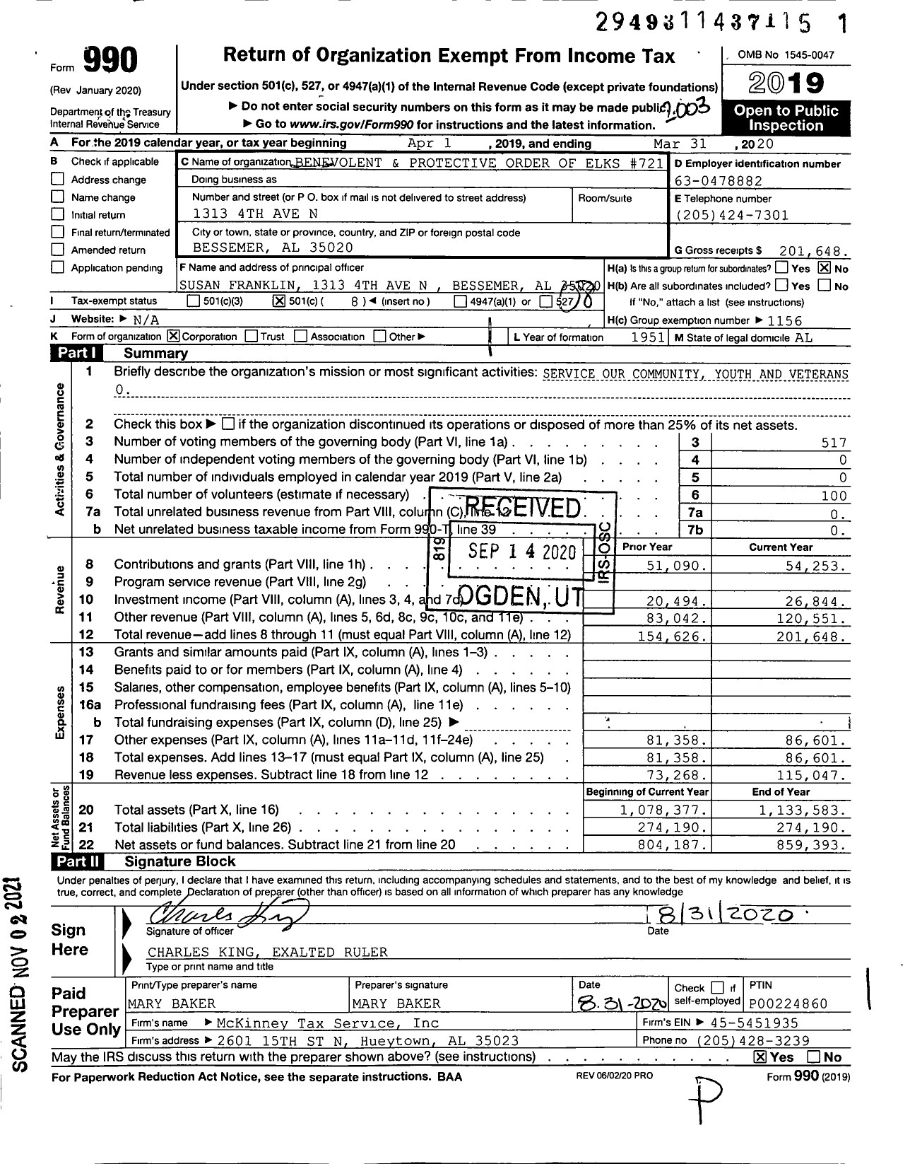 Image of first page of 2019 Form 990O for Benevolent and Protective Order of Elks - 721 Bessemer