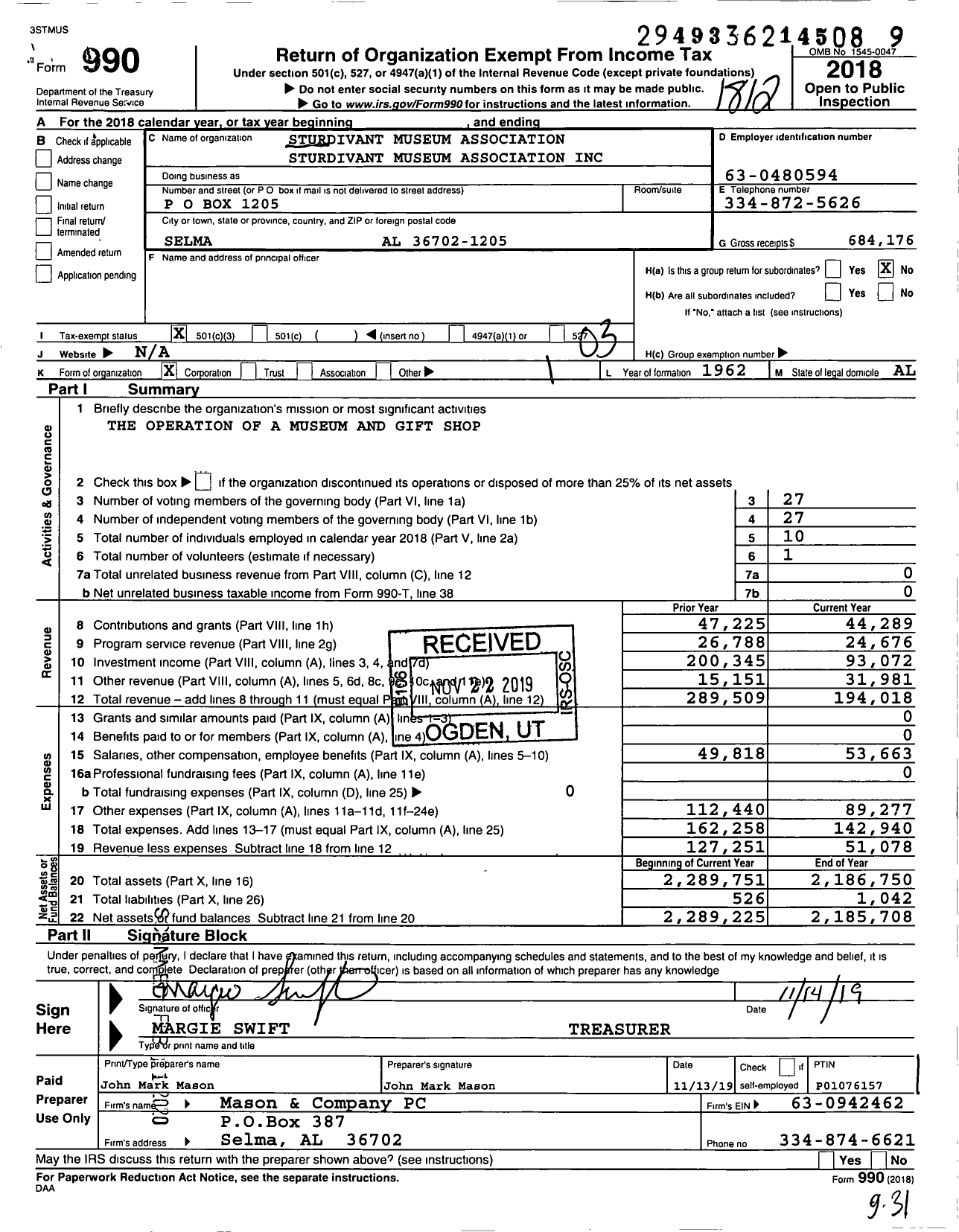 Image of first page of 2018 Form 990 for Sturdivant Museum Association Sturdivant Museum Association