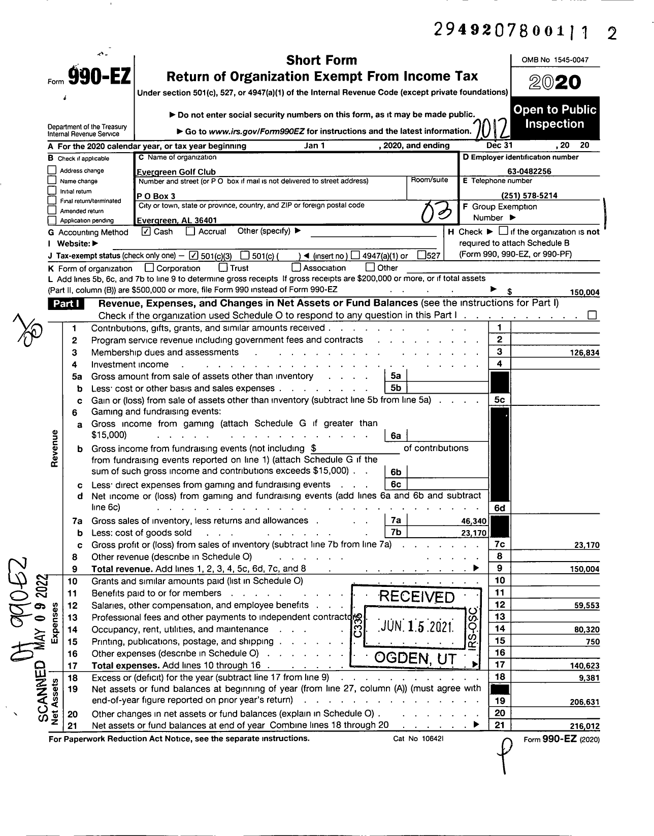 Image of first page of 2020 Form 990EO for Evergreen Golf Club