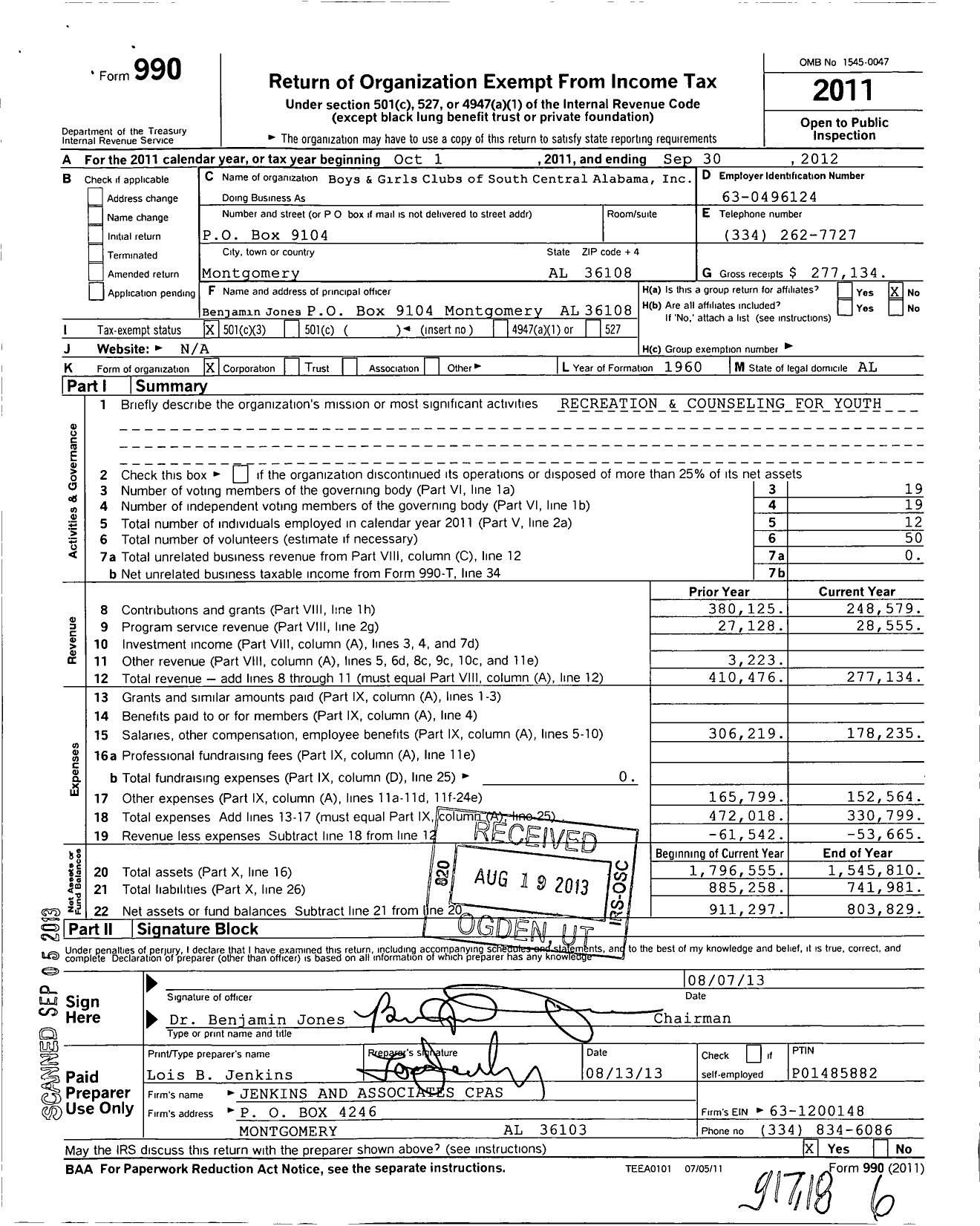 Image of first page of 2011 Form 990 for Boys and Girls Clubs of South Central Alabama