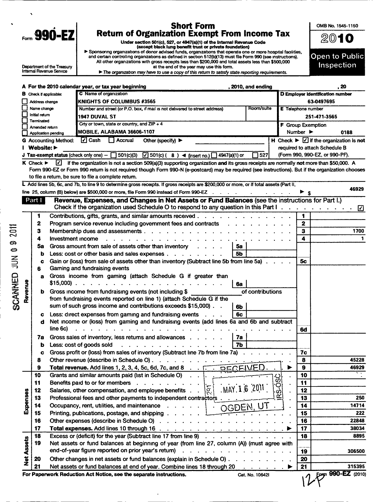 Image of first page of 2010 Form 990EO for Knights of Columbus - 3565 Bishop Portier Council