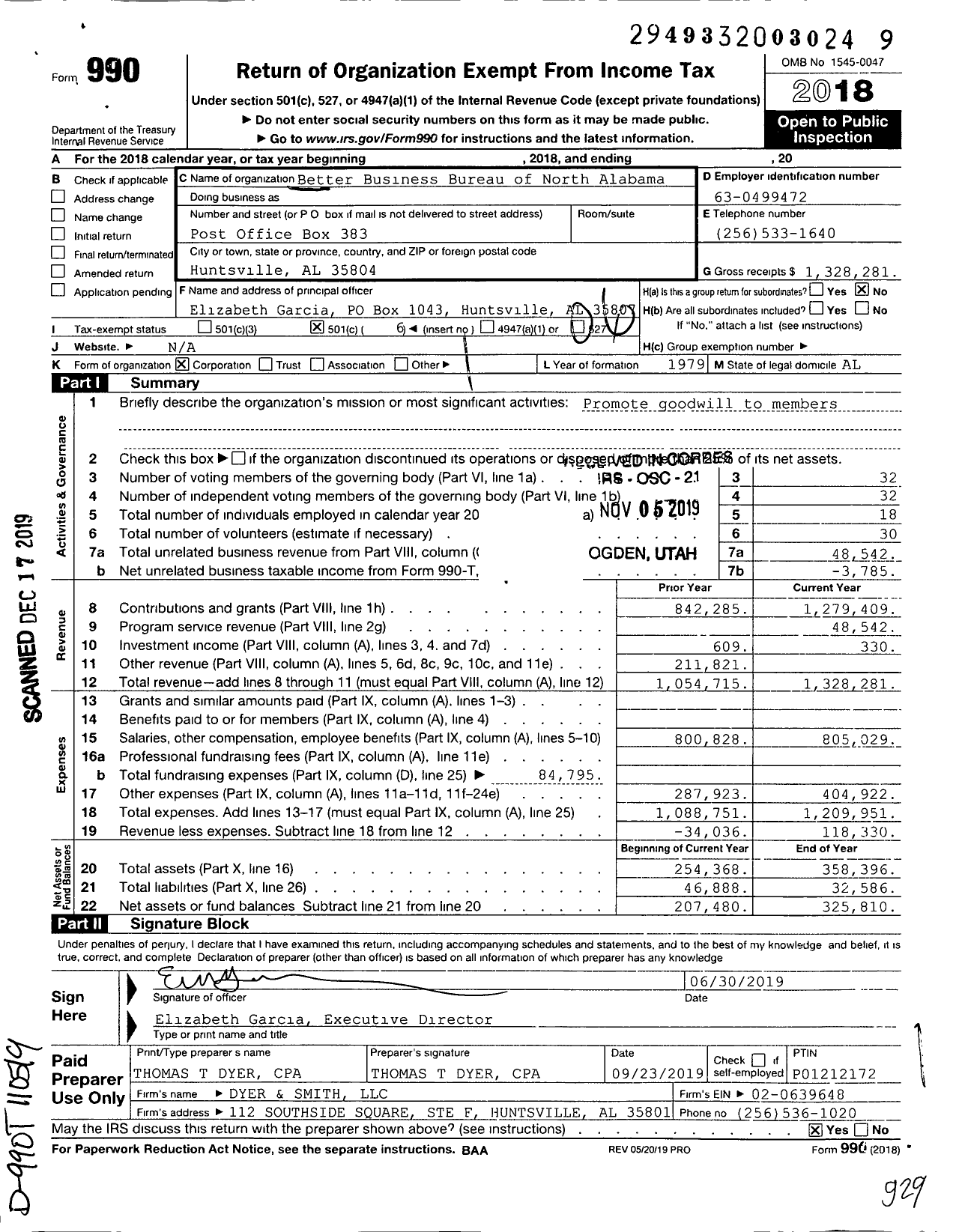 Image of first page of 2018 Form 990O for Better Business Bureau of North Alabama