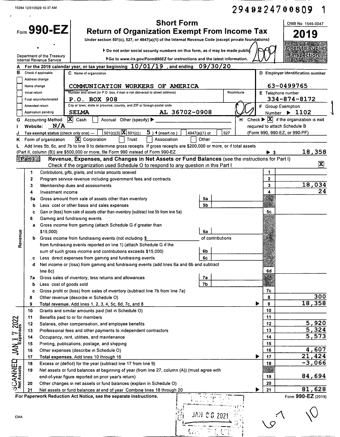 Image of first page of 2019 Form 990EO for Communications Workers of America - 83793 Local