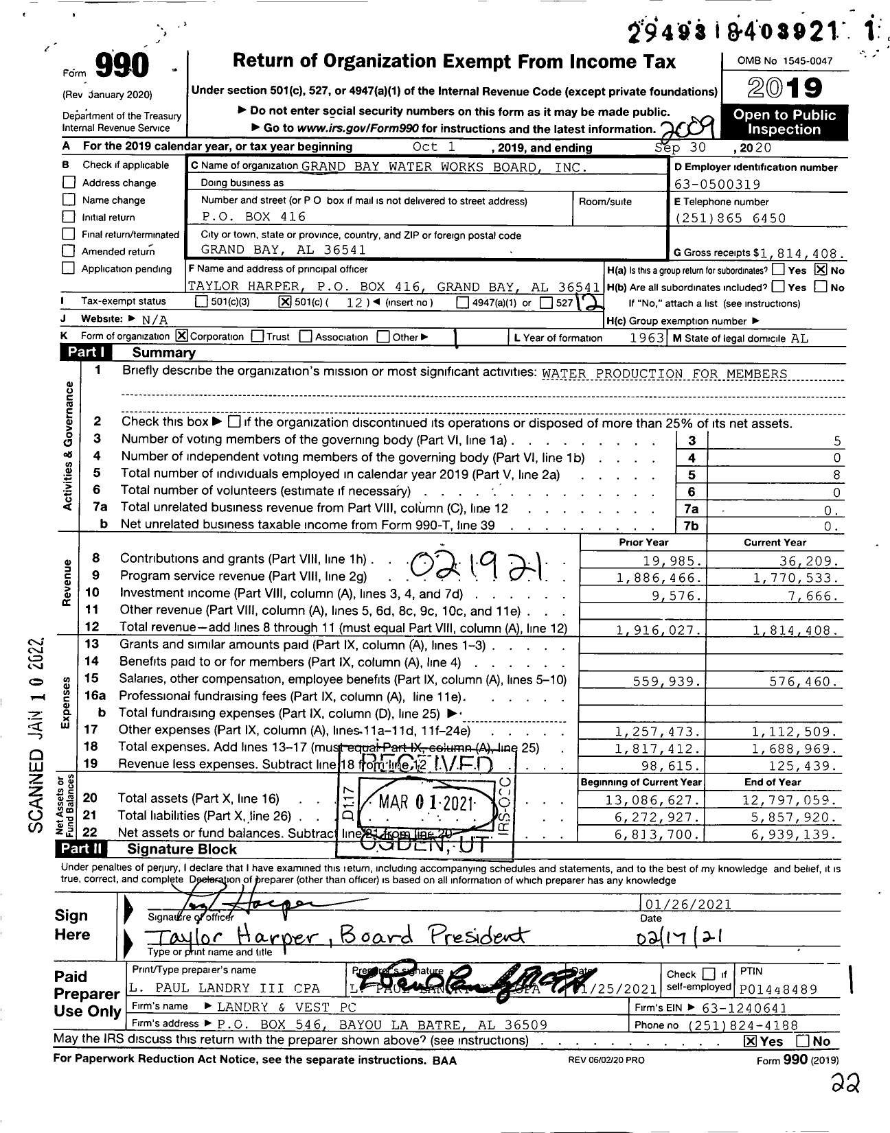 Image of first page of 2019 Form 990O for Grand Bay Water Works Board