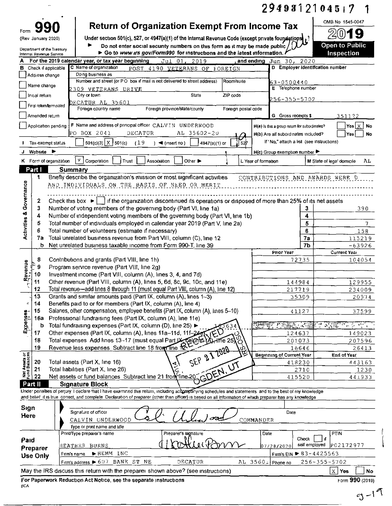 Image of first page of 2019 Form 990O for Department of Alabama Veterans of Foreign Wars of the United States - 4190 Lanier-Hines Post