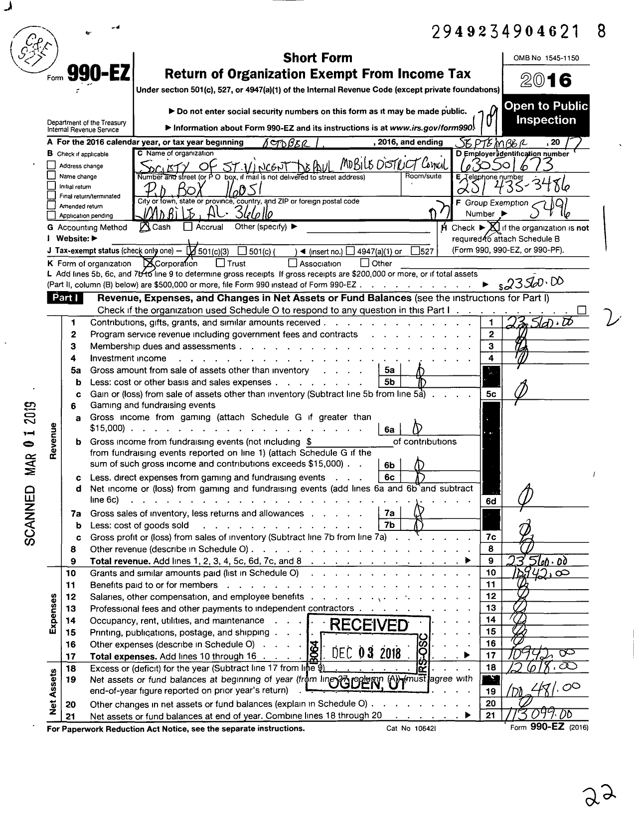 Image of first page of 2016 Form 990EZ for Society of St Vincent de Paul Mobile District Council