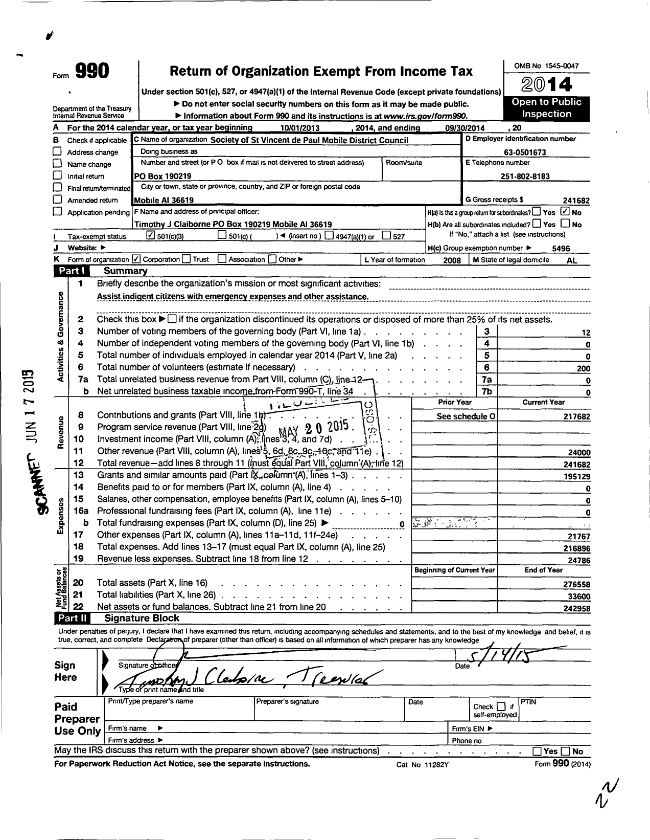 Image of first page of 2013 Form 990 for Society of St Vincent de Paul Mobile District Council