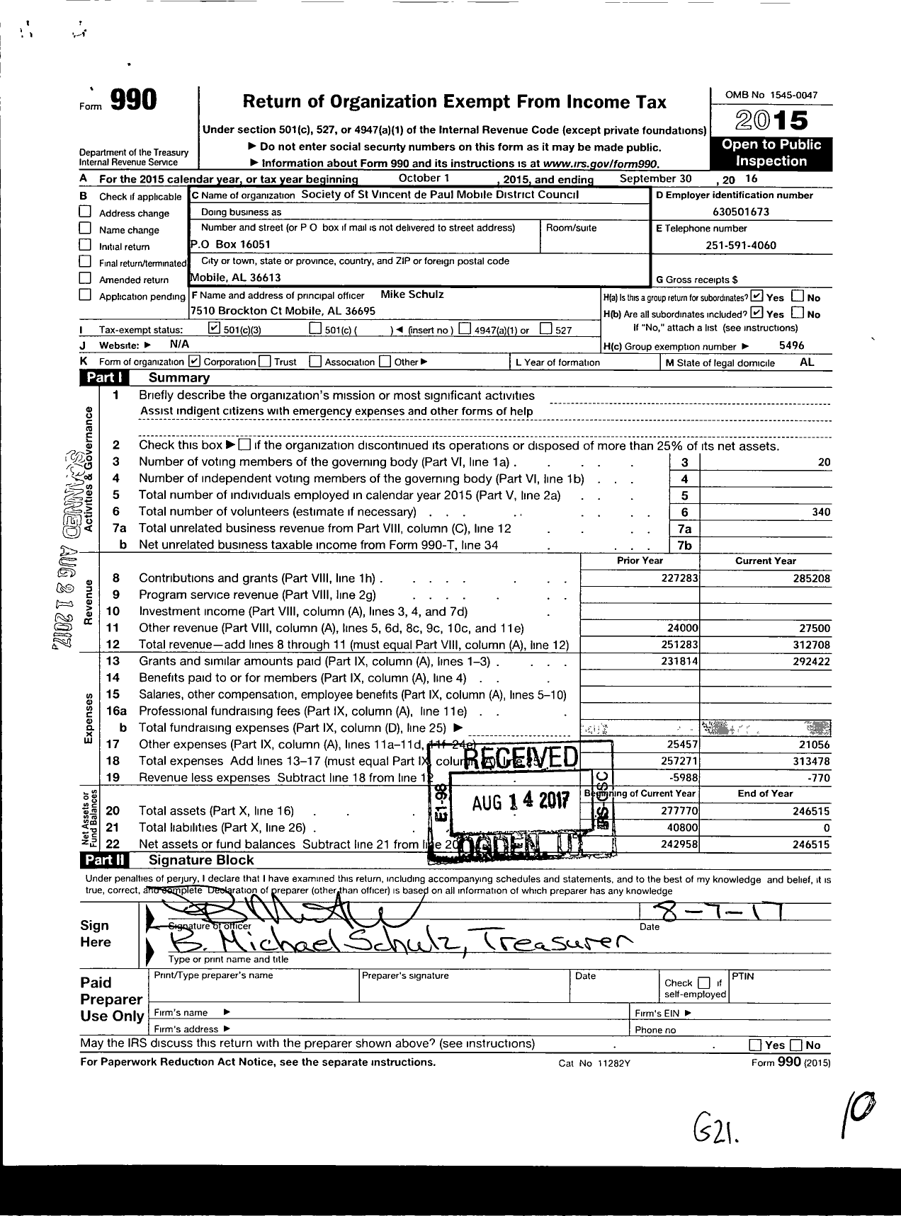 Image of first page of 2015 Form 990 for Society of St Vincent de Paul Mobile District Council