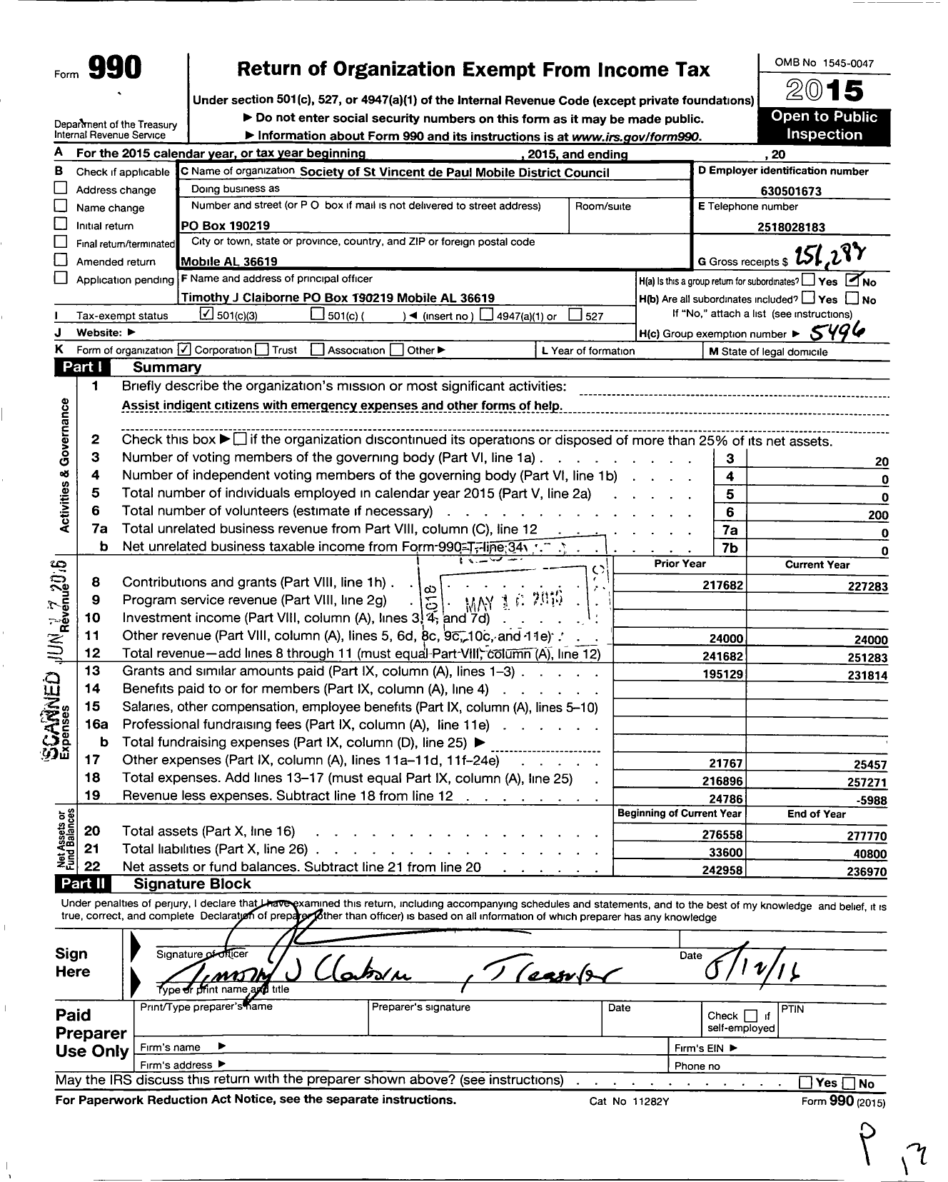 Image of first page of 2015 Form 990 for Society of St Vincent de Paul Mobile District Council