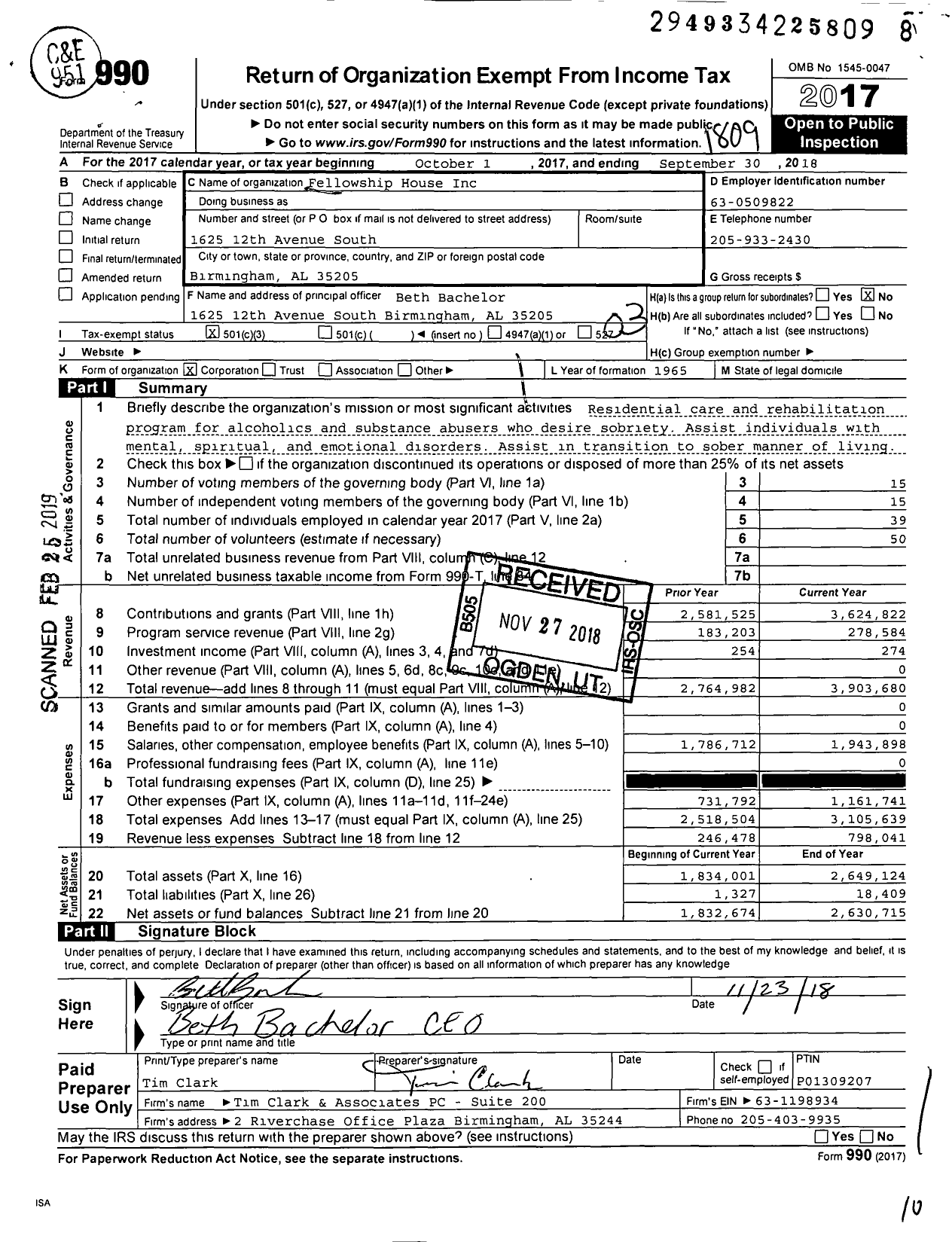 Image of first page of 2017 Form 990 for Fellowship House
