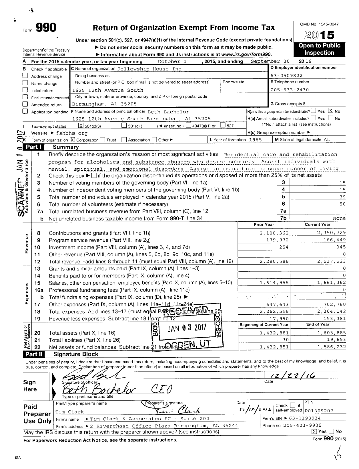 Image of first page of 2015 Form 990 for Fellowship House