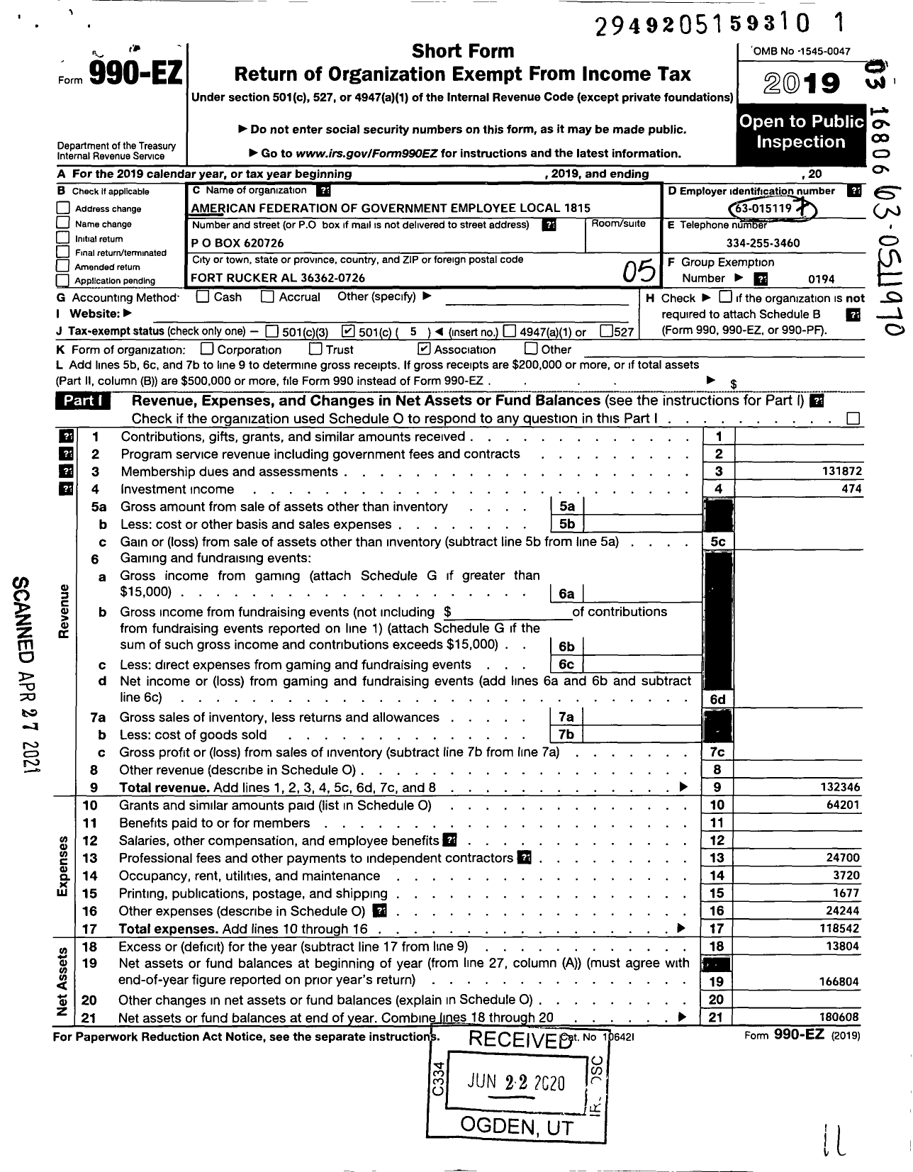 Image of first page of 2019 Form 990EO for American Federation of Government Employees - 1815 Afge Local