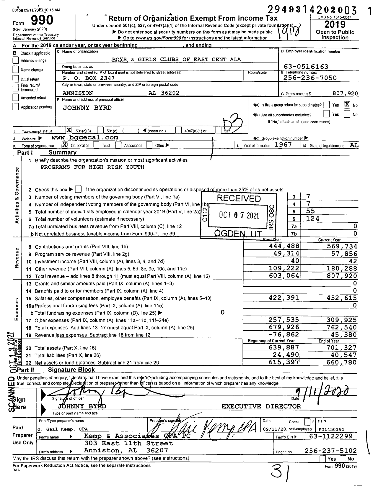 Image of first page of 2019 Form 990 for Boys and Girls Clubs of East Central Alabama