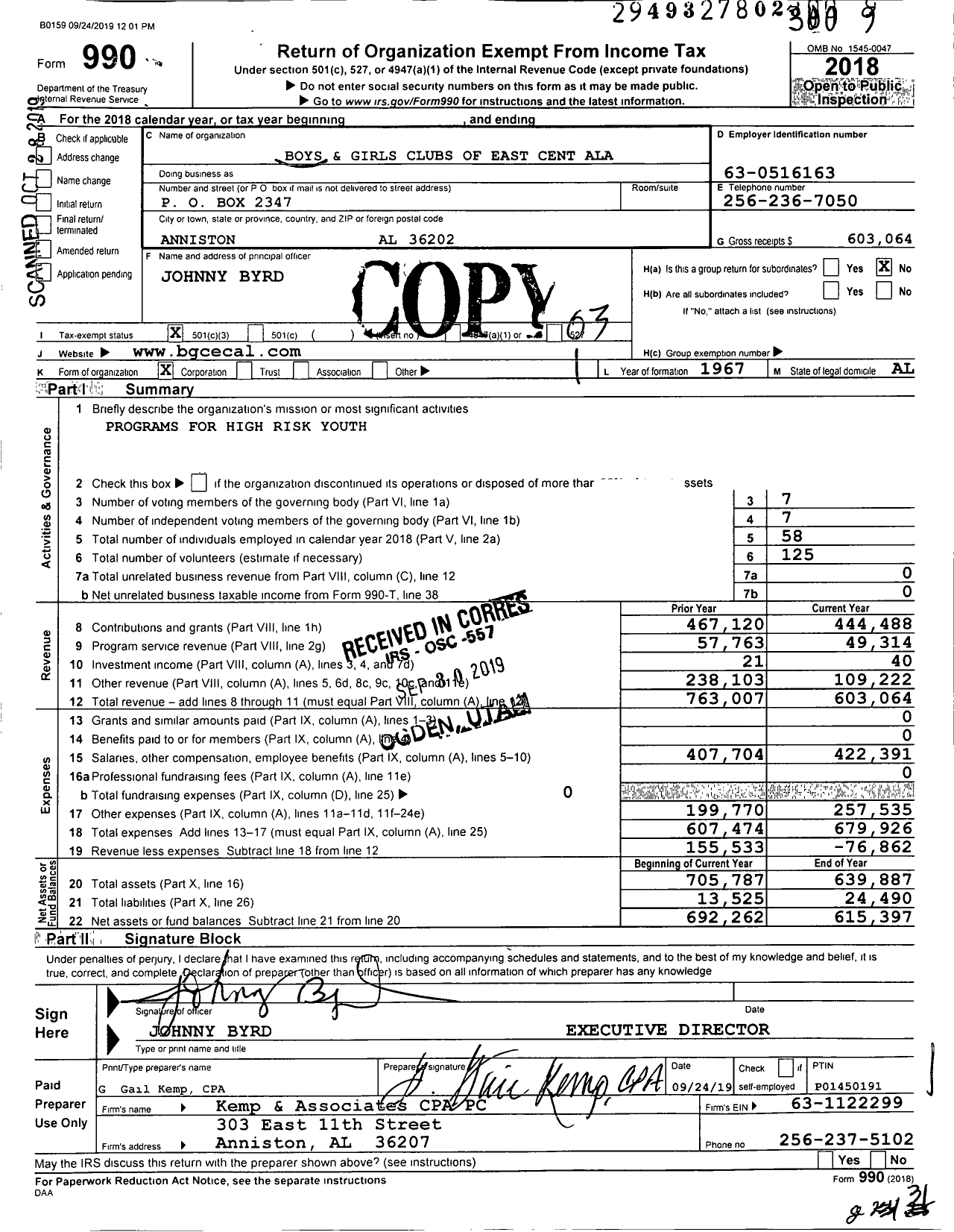 Image of first page of 2018 Form 990 for Boys and Girls Clubs of East Cent Ala