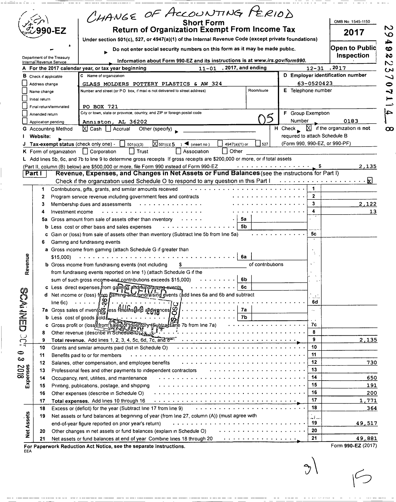 Image of first page of 2017 Form 990EO for United Steelworkers - 00324m Local