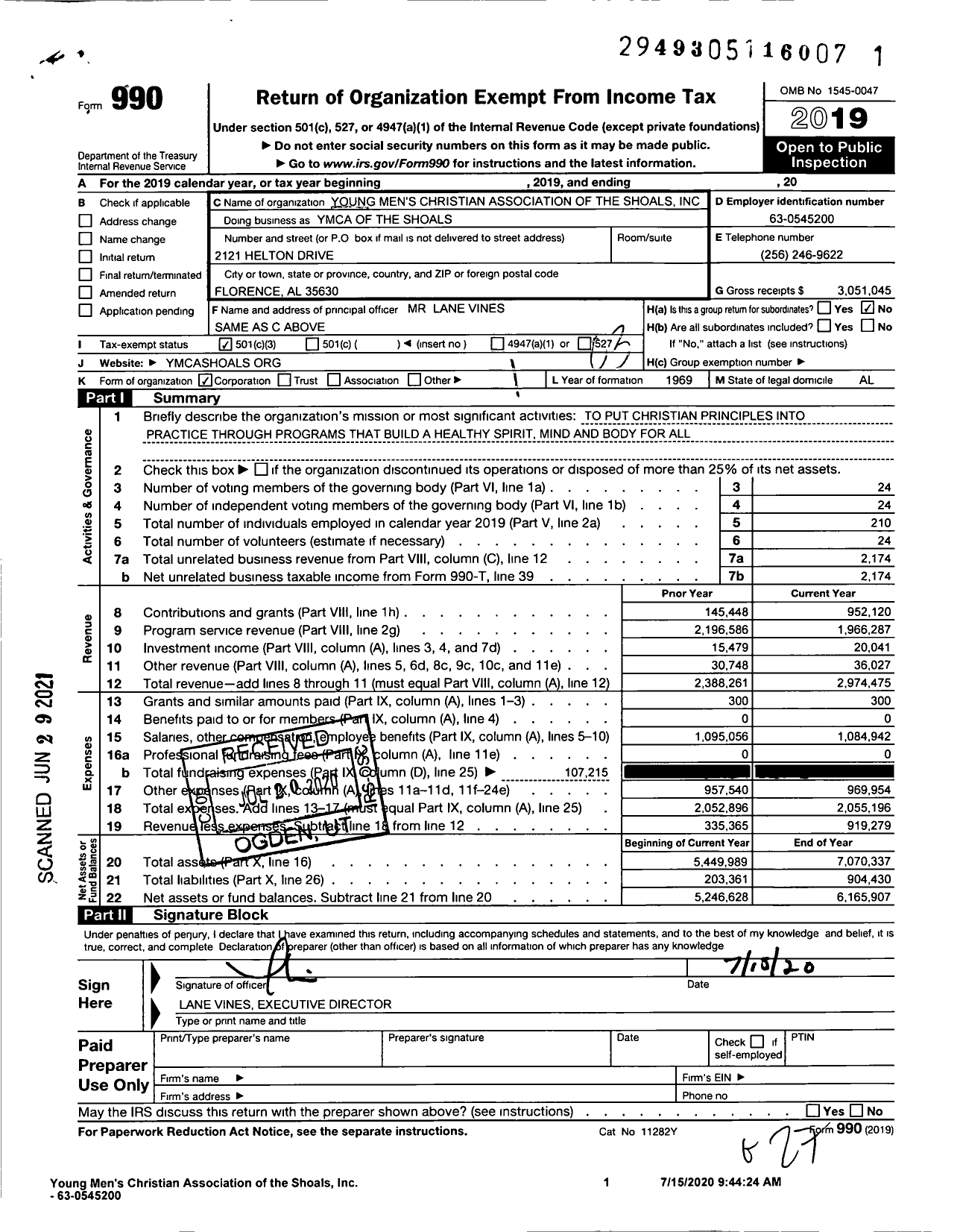 Image of first page of 2019 Form 990 for YMCA of the Shoals