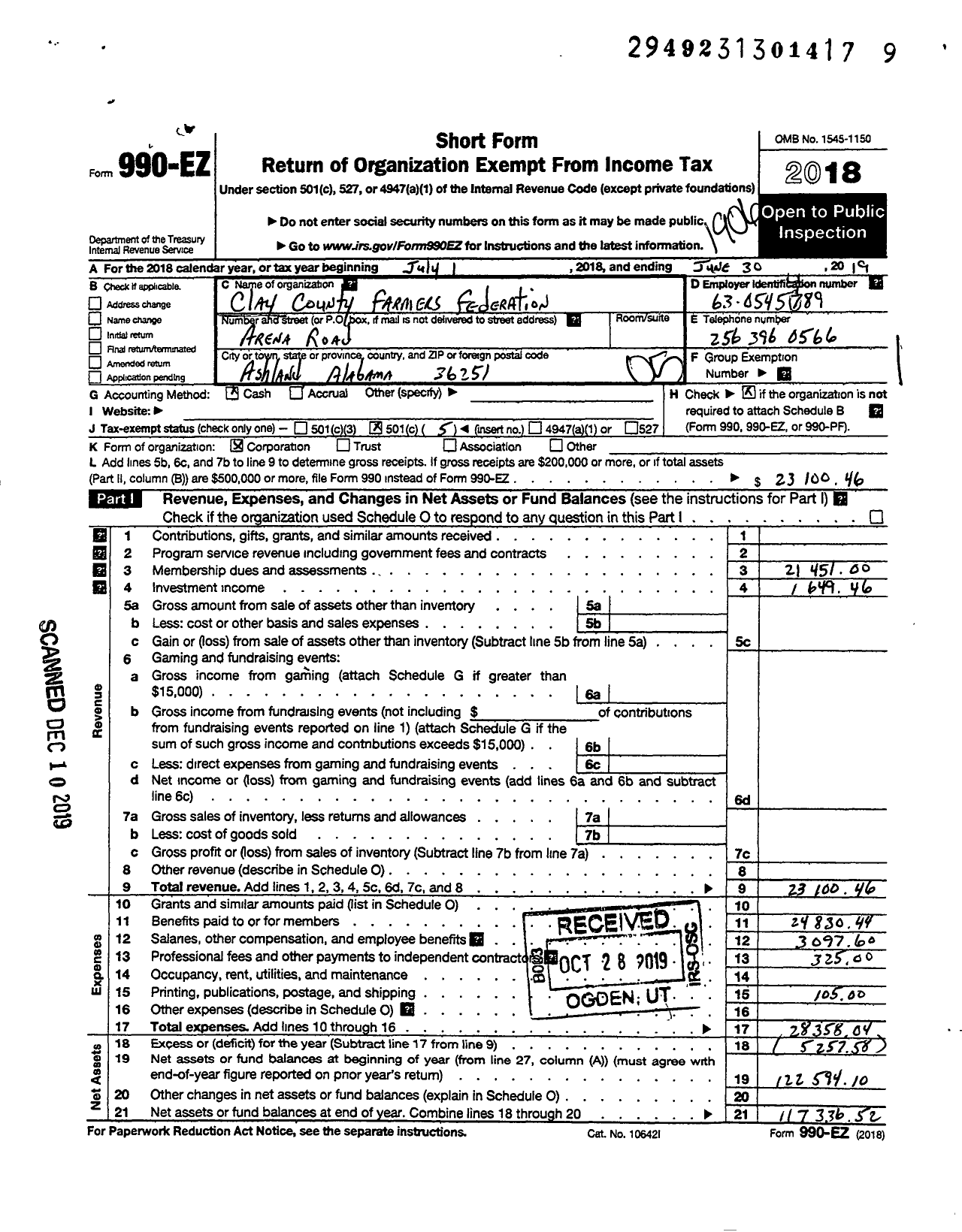 Image of first page of 2018 Form 990EO for Clay County Farmers Bureau