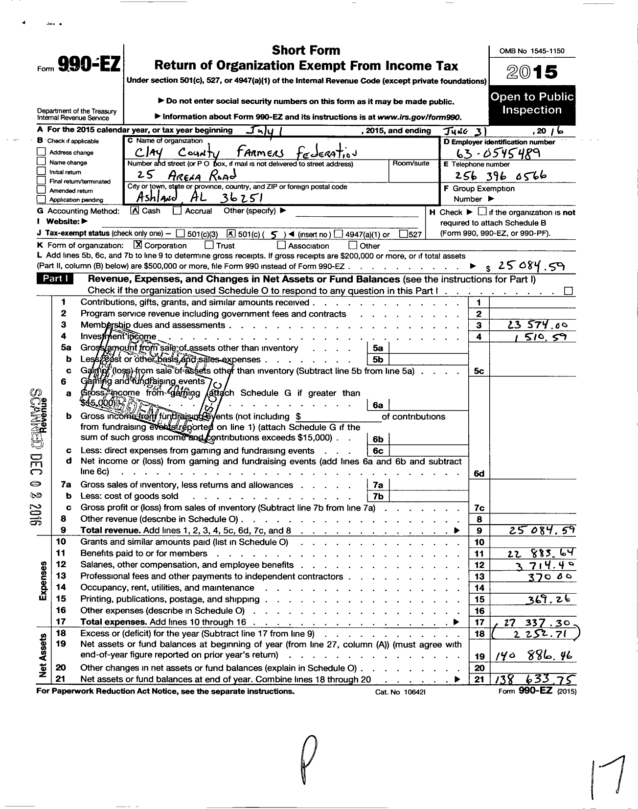 Image of first page of 2015 Form 990EO for Clay County Farmers Bureau