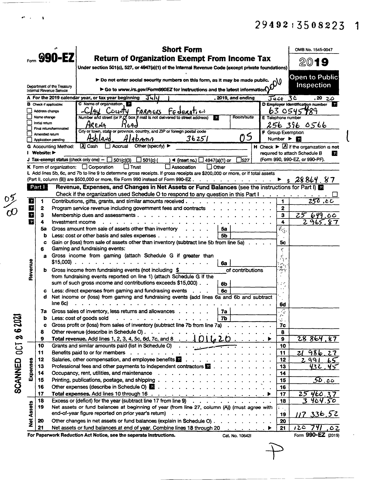 Image of first page of 2019 Form 990EO for Clay County Farmers Bureau