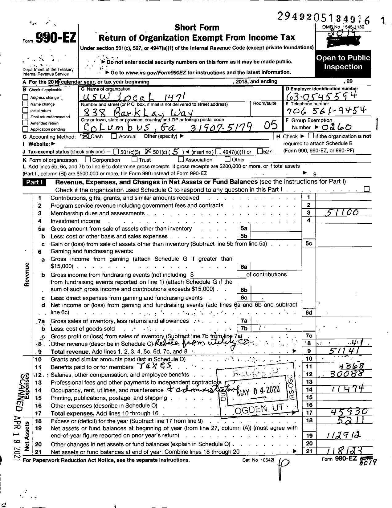 Image of first page of 2019 Form 990EO for United Steelworkers - Local Union 1471