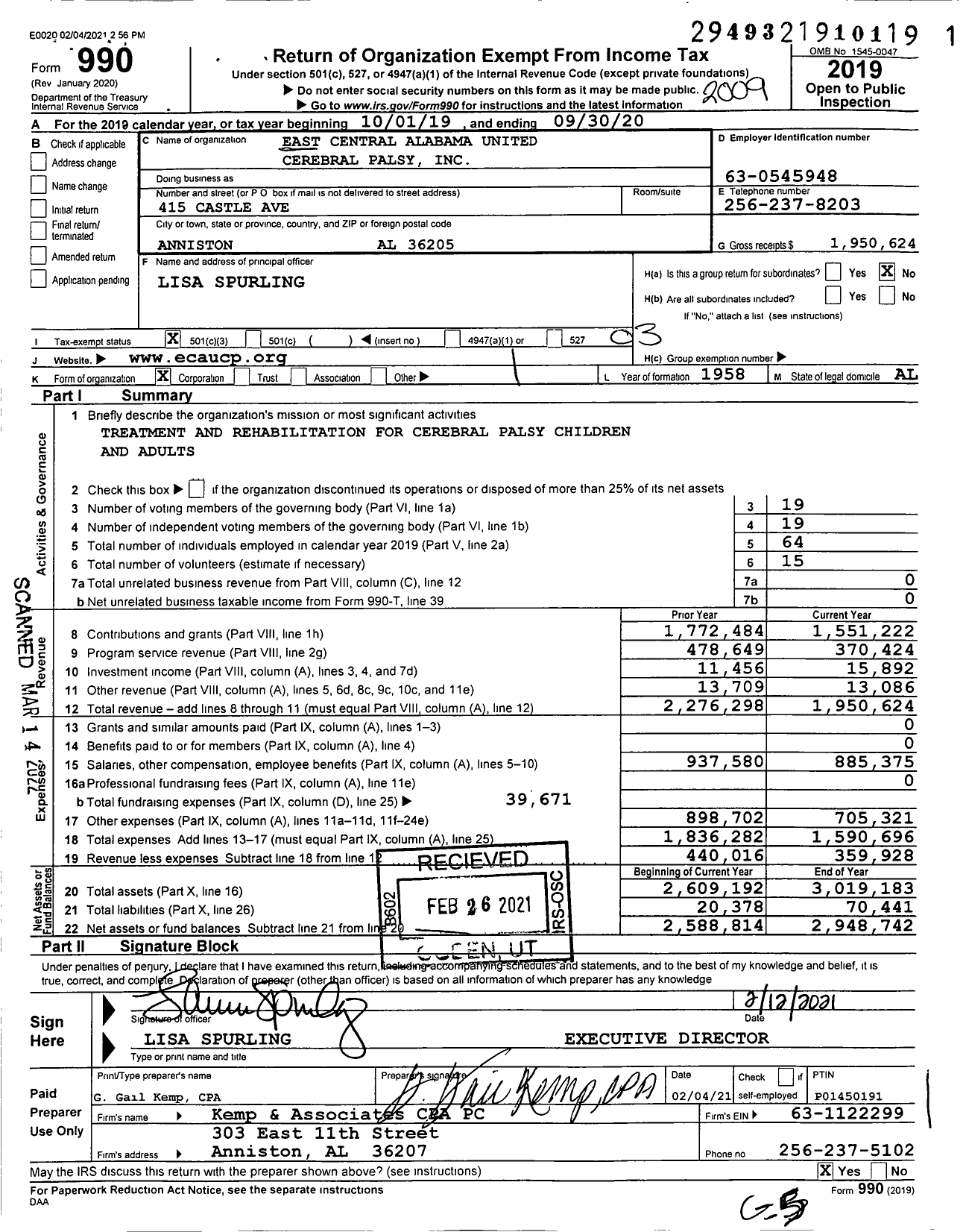 Image of first page of 2019 Form 990 for East Central Alabama United Cerebral Palsy