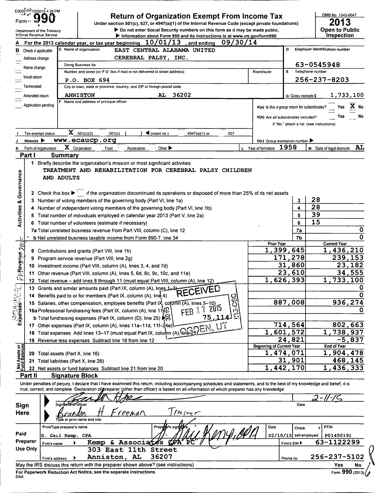 Image of first page of 2013 Form 990 for East Central Alabama United Cerebral Palsy