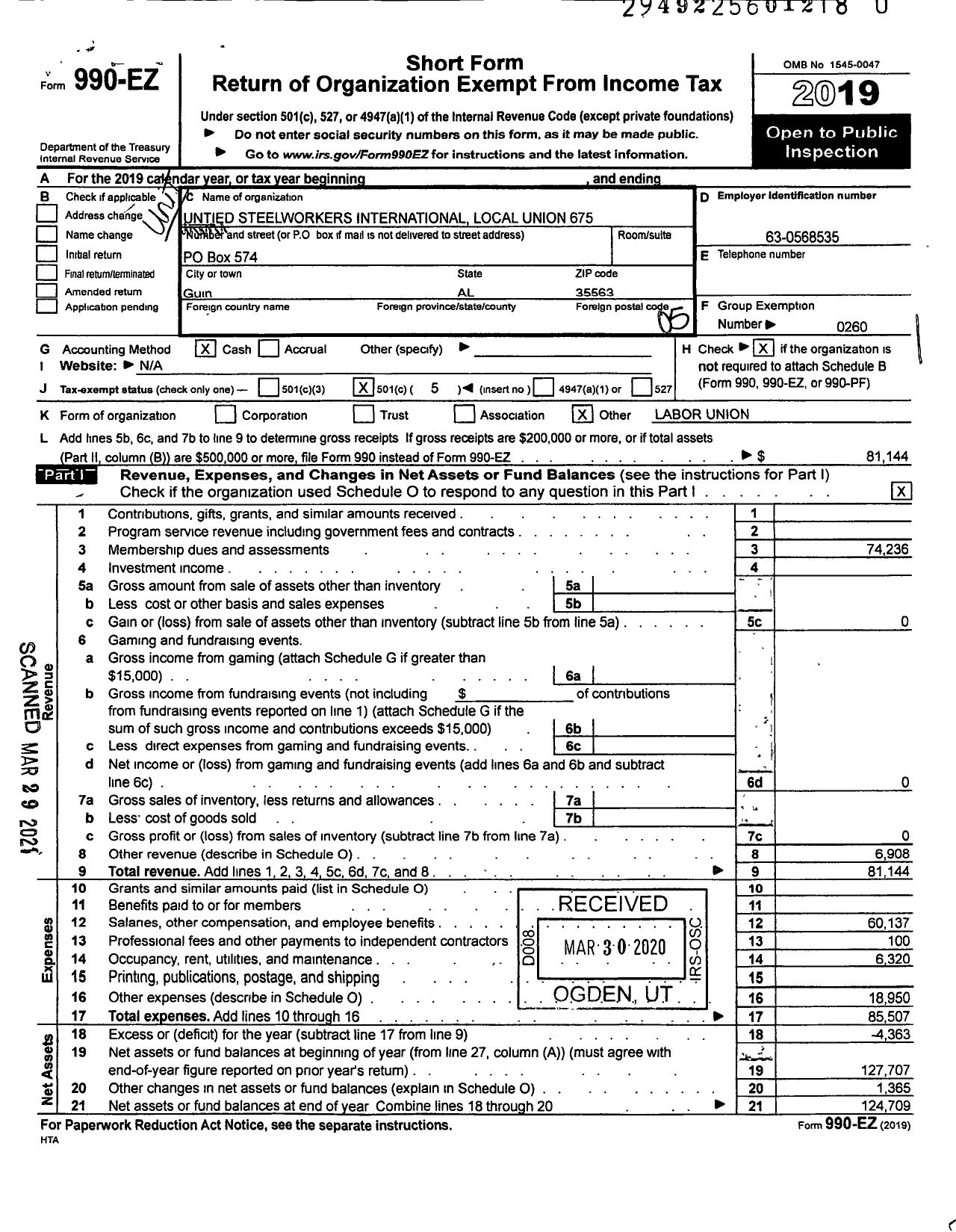 Image of first page of 2019 Form 990EO for United Steelworkers - 9-00675 Local