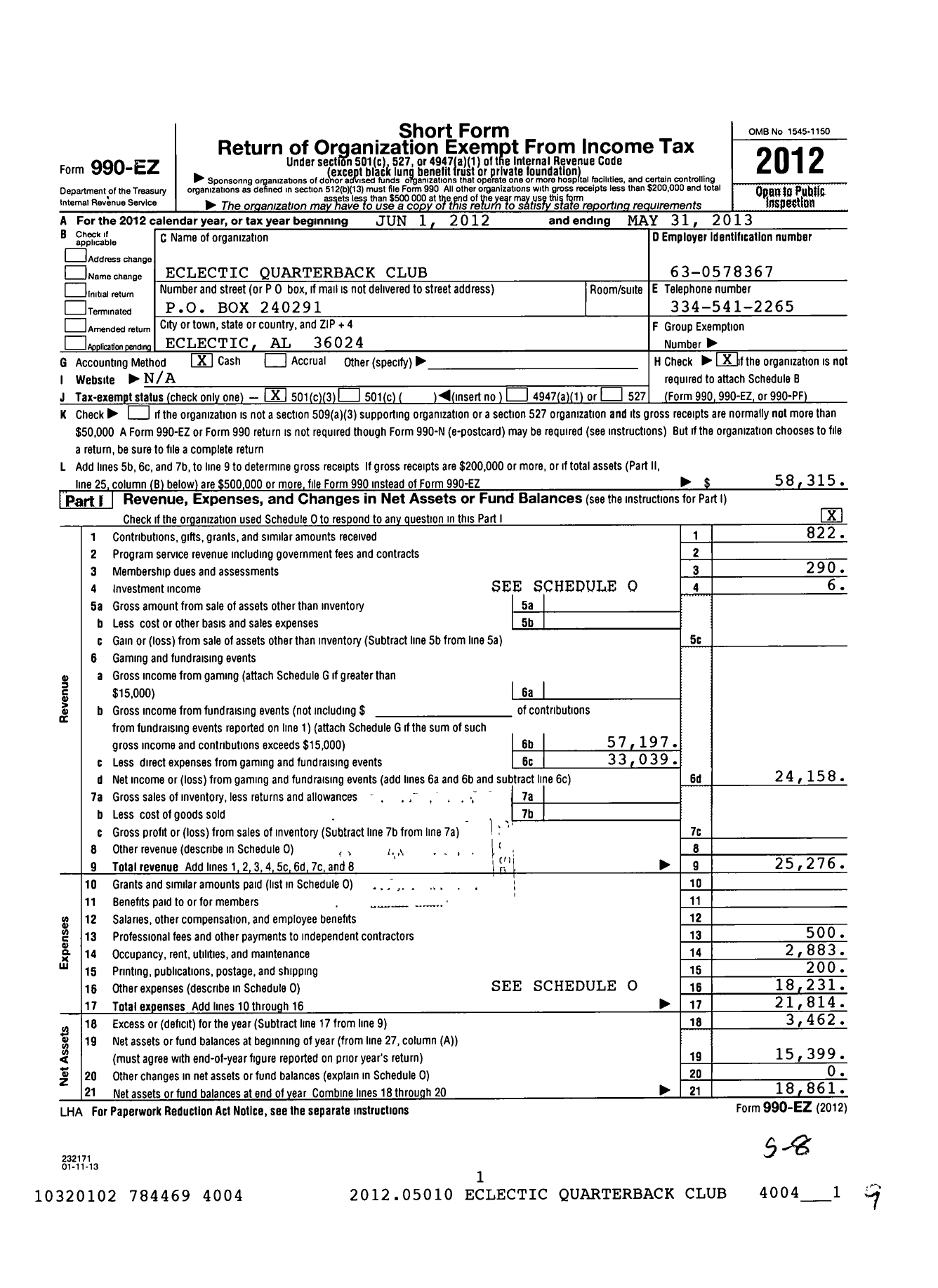 Image of first page of 2012 Form 990EZ for Eclectic Quarterback Club