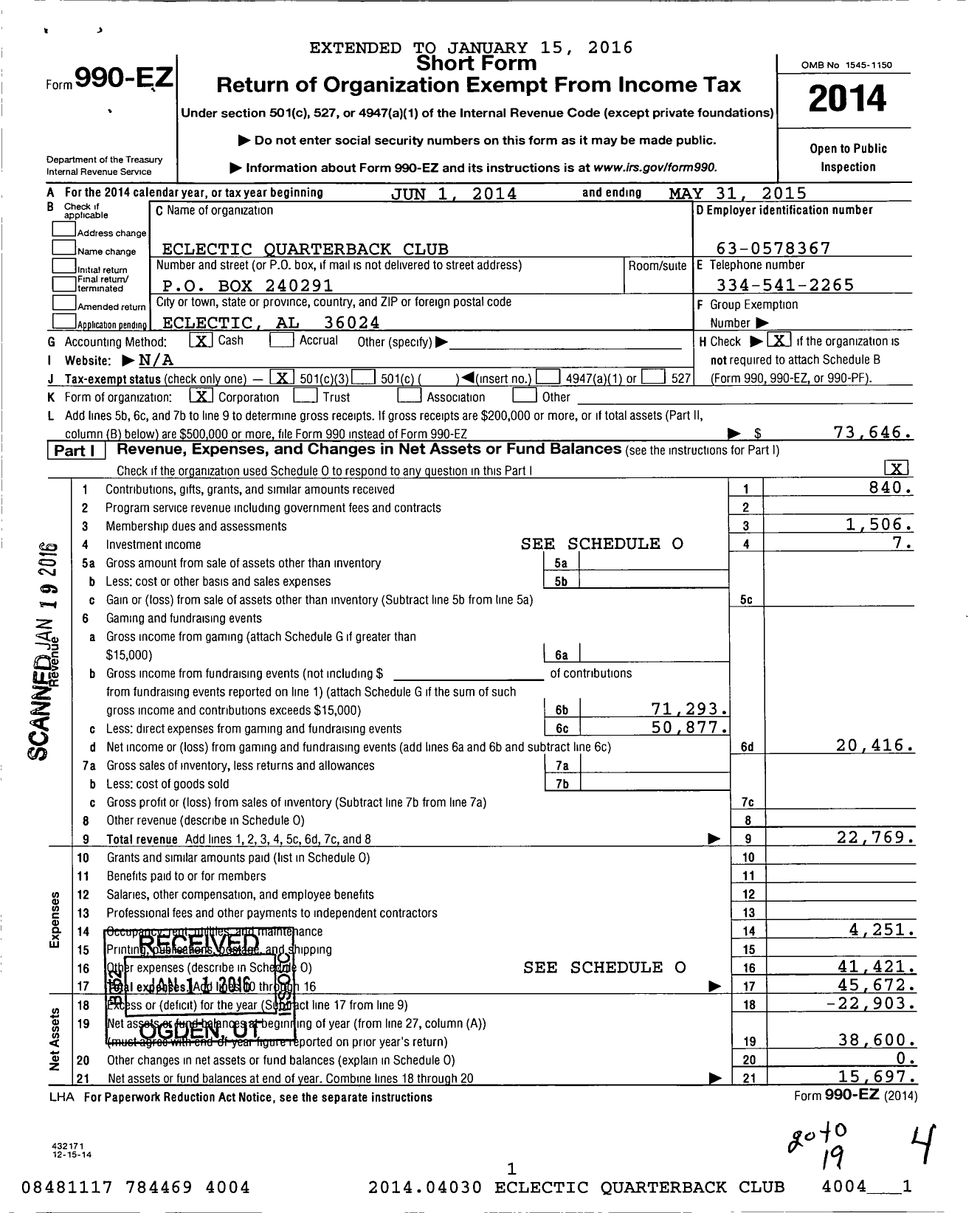 Image of first page of 2014 Form 990EZ for Eclectic Quarterback Club