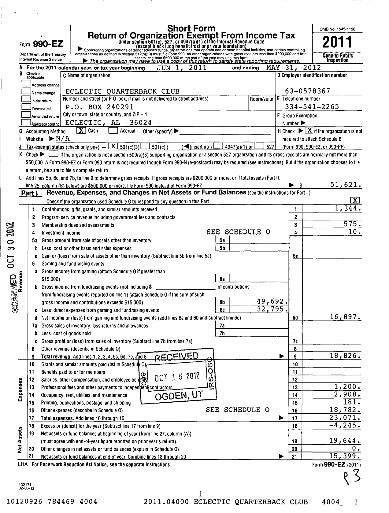 Image of first page of 2011 Form 990EZ for Eclectic Quarterback Club