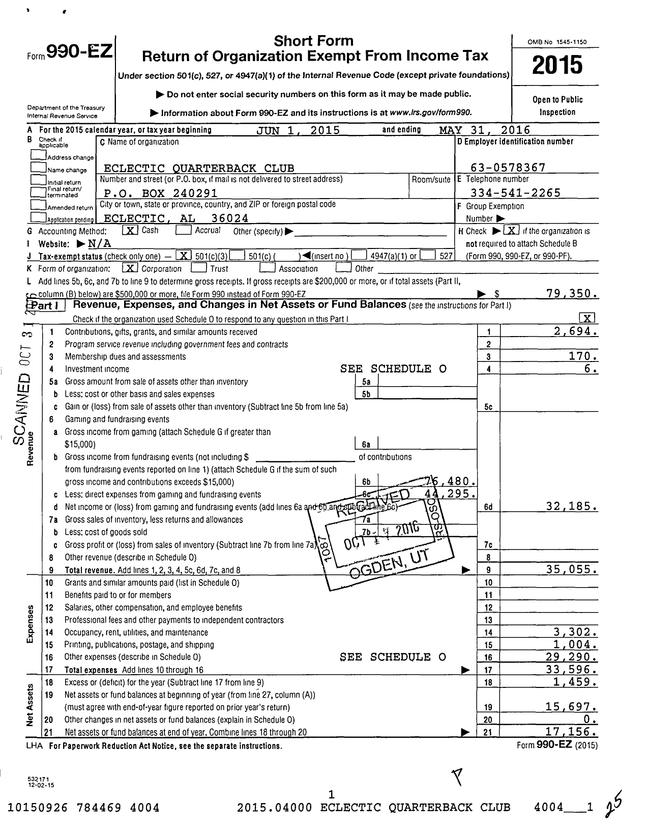 Image of first page of 2015 Form 990EZ for Eclectic Quarterback Club