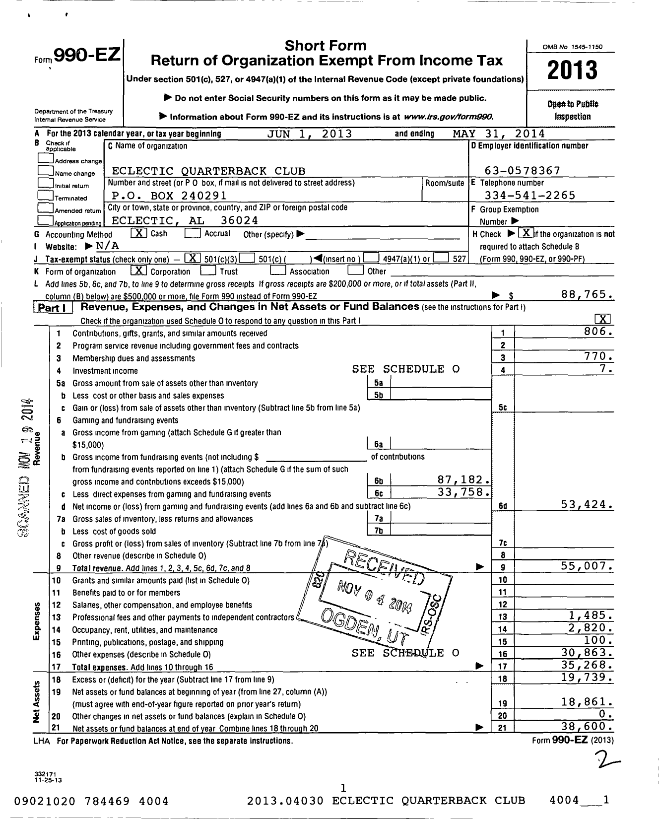 Image of first page of 2013 Form 990EZ for Eclectic Quarterback Club