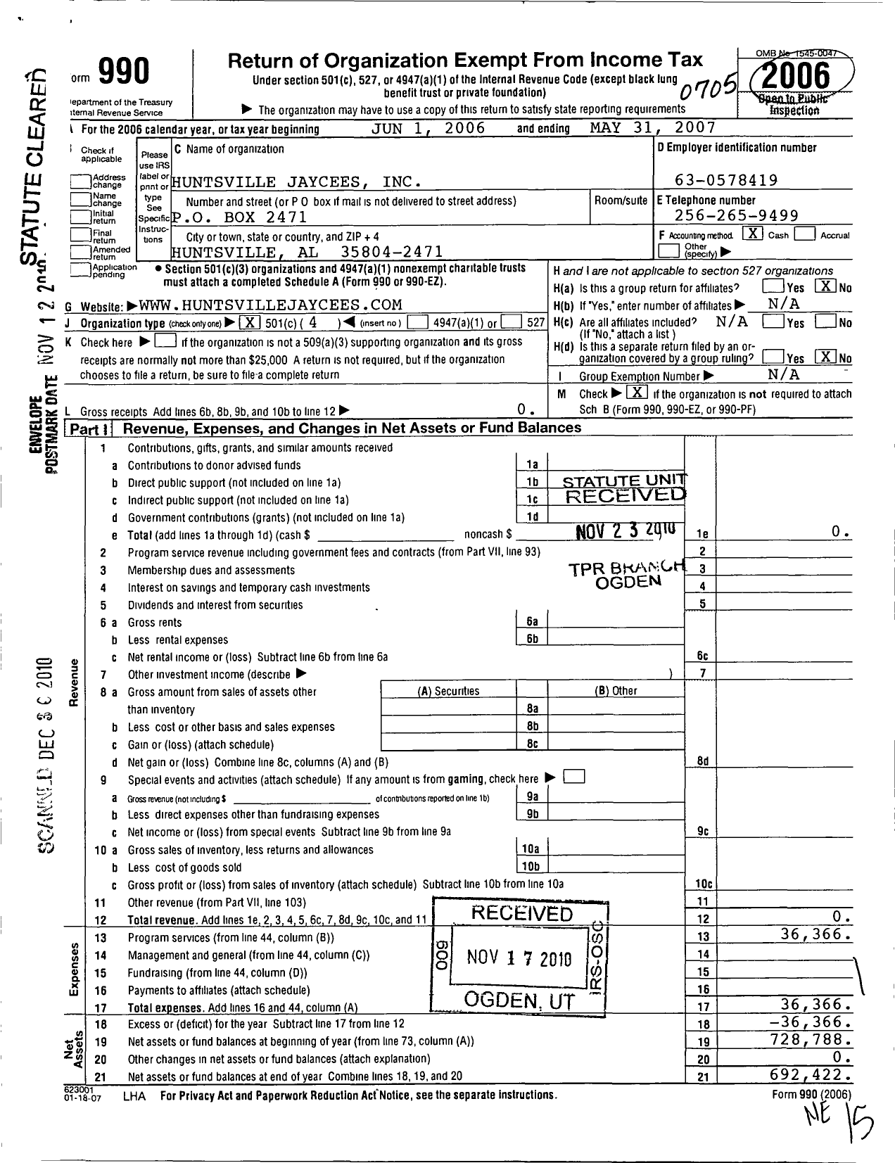 Image of first page of 2006 Form 990O for Huntsville Jaycees