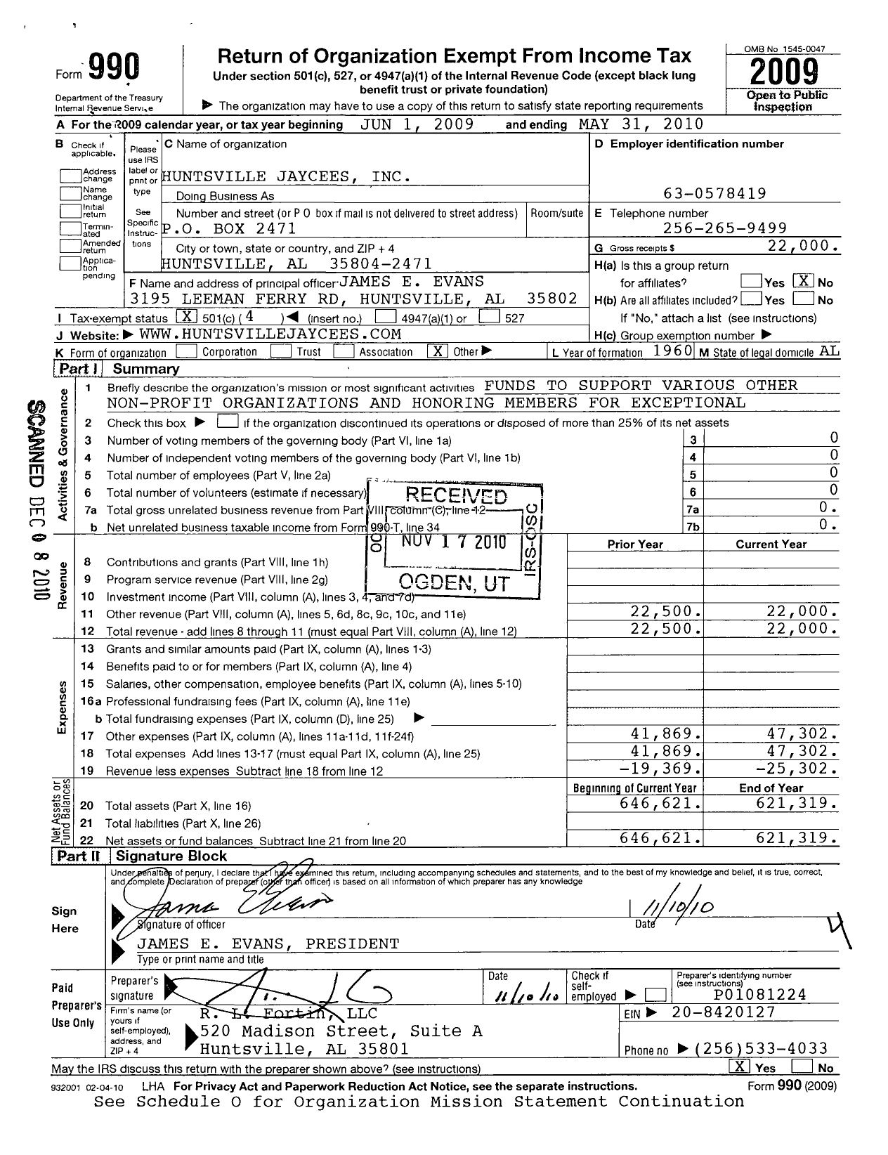 Image of first page of 2009 Form 990O for Huntsville Jaycees