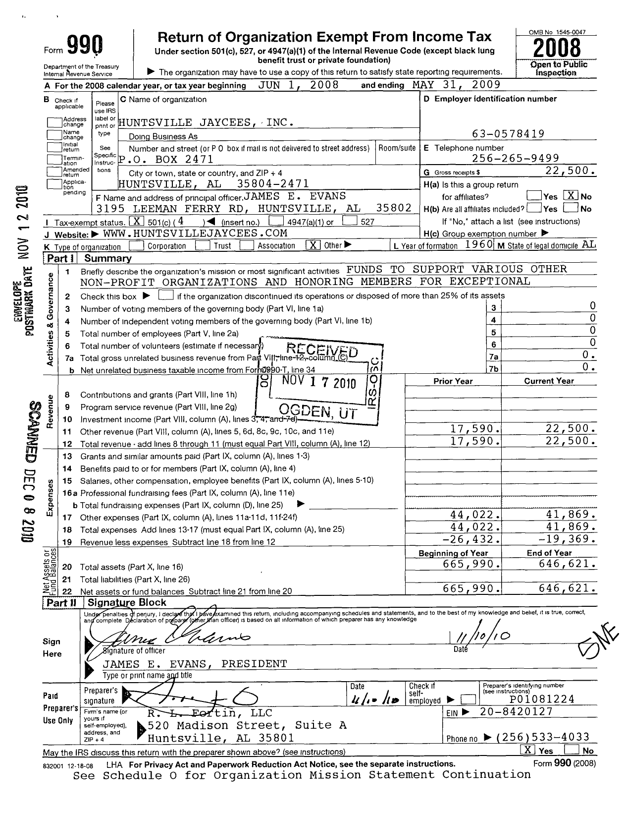 Image of first page of 2008 Form 990O for Huntsville Jaycees