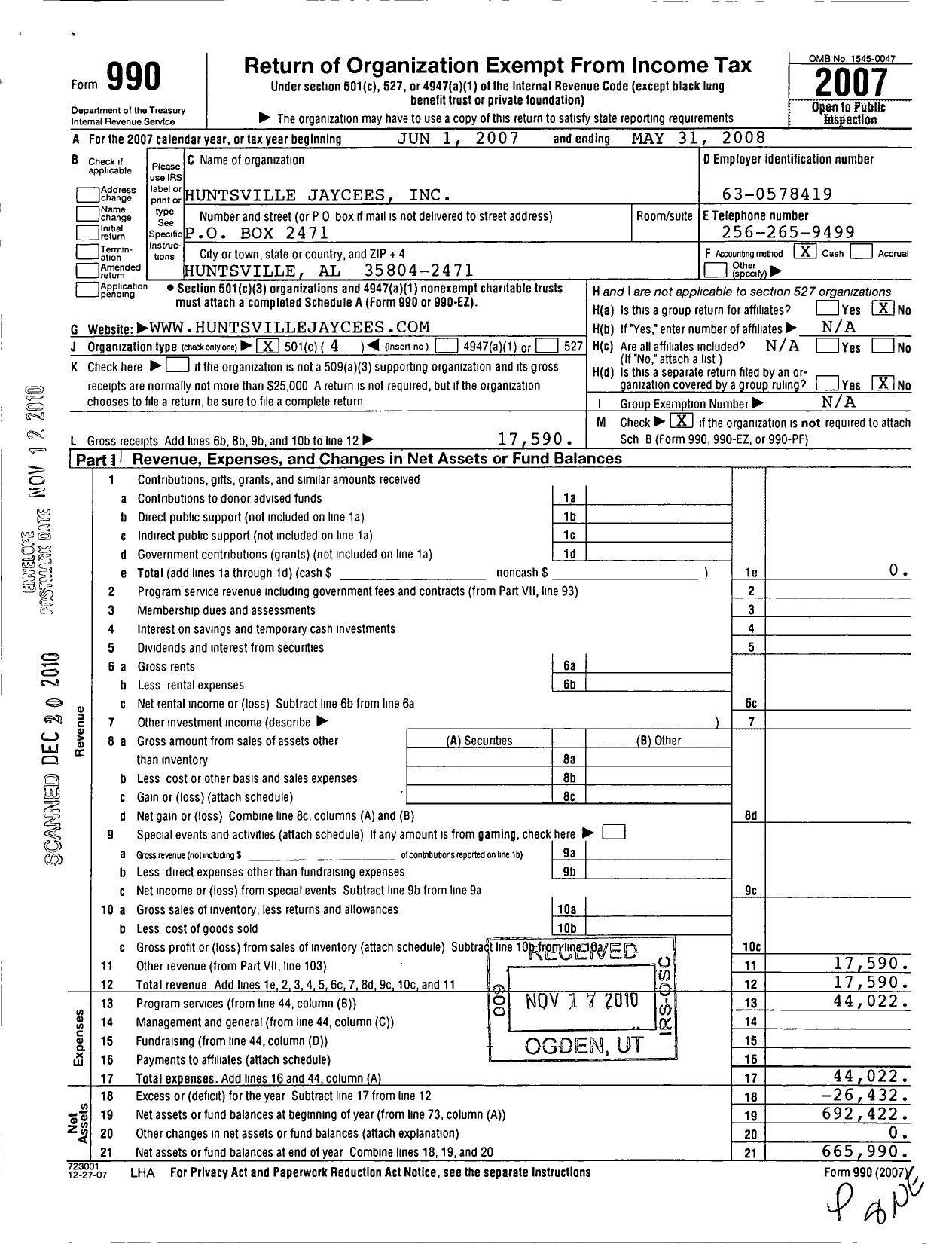 Image of first page of 2007 Form 990O for Huntsville Jaycees